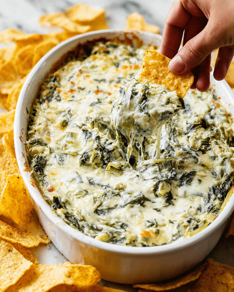 A white oval dish filled with creamy spinach and artichoke dip. The dip has a thick texture with visible small green spinach leaves mixed throughout the white melted cheese, giving it a marbled green and white look. The top layer of cheese is slightly browned in some spots, adding a toasted color contrast. A woman's hand is dipping a triangular yellow tortilla chip into the creamy dip, lifting some of the melted cheesy mixture with spinach and artichoke bits. Around the dish, more yellow tortilla chips are scattered on a white marbled surface. photo taken with an iphone --ar 4:5 --v 7