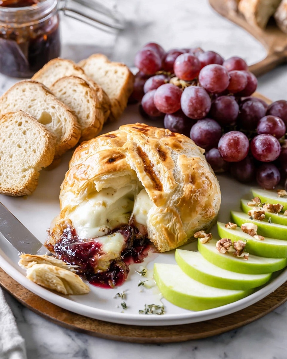 The dish shows a round white plate with a soft baked pastry at the center, golden brown and puffed with three small slits on top revealing some filling. Melted white cheese and dark red jam oozes from a cut corner of the pastry onto the plate. On the left, there are several slices of light tan crusty bread stacked close together. On the right side, there is a bunch of shiny purple grapes still on the vine. At the bottom and behind the pastry, there are multiple thin slices of bright green apple fanned out neatly with small pieces of nuts sprinkled on top. The plate is on a white marbled surface, and a jar of jam is in the background. A silver knife lies next to the pastry, pressing into the melted cheese. Photo taken with an iphone --ar 4:5 --v 7