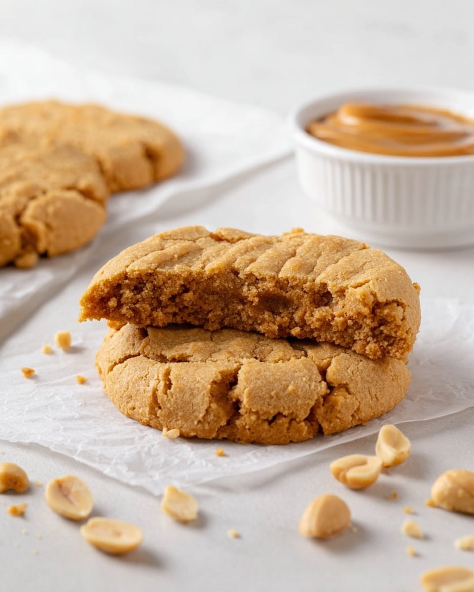 Two thick, soft peanut butter cookies are stacked on white parchment paper over a white marbled surface, with the top cookie broken in half showing a crumbly, slightly grainy golden-brown inside. Scattered light brown peanuts surround the cookies, and a white bowl filled with smooth, creamy peanut butter sits blurred in the background to the right. The overall color is warm and earthy, with the cookies' cracked tops visible. photo taken with an iphone --ar 4:5 --v 7