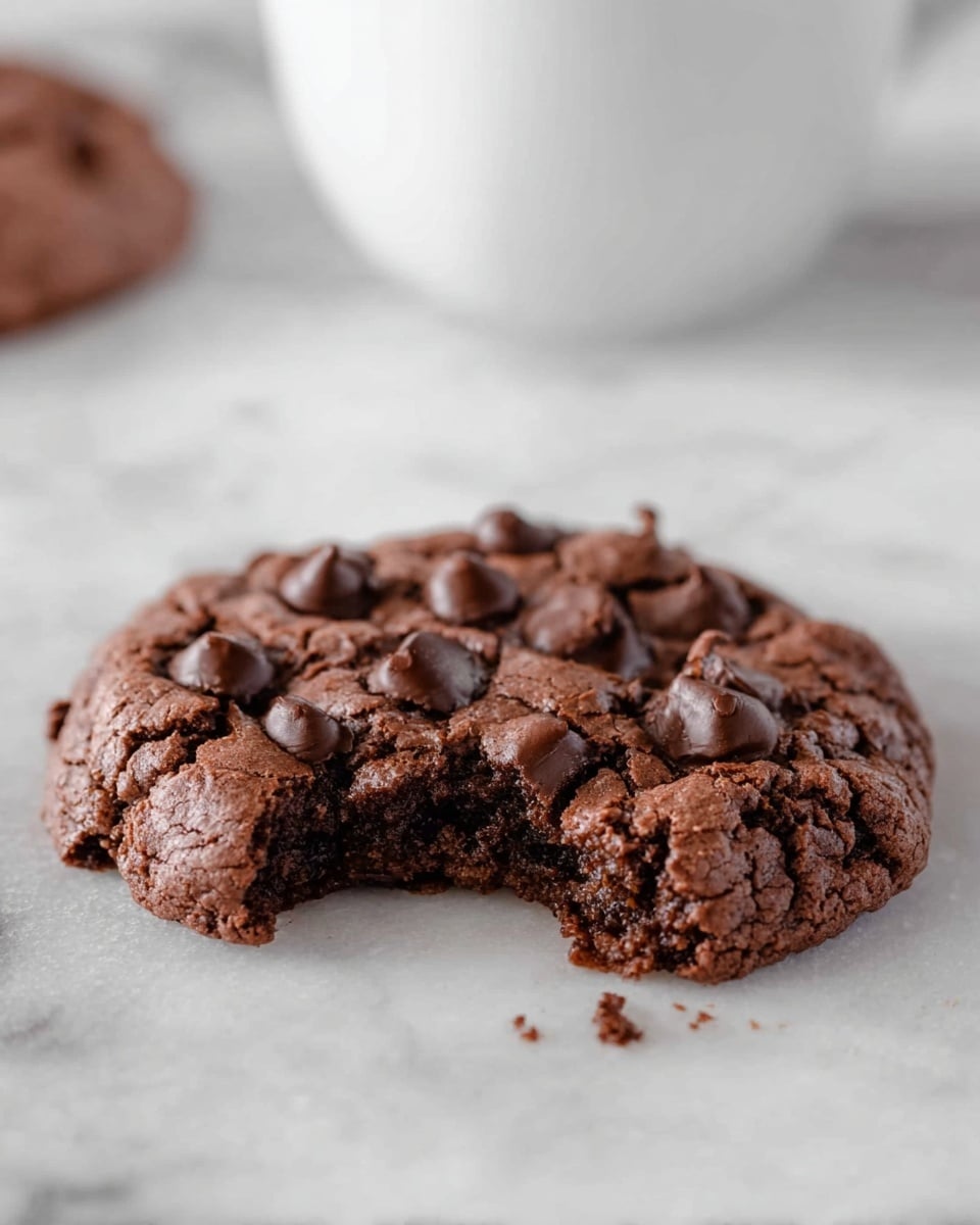 A close-up of a soft, thick chocolate cookie with a bite taken out of it, showing a chewy, fudgy inside with melted chocolate chips embedded throughout. The cookie surface is rough and slightly cracked, dotted with gooey, dark brown chocolate chips. It rests directly on a white marbled texture, with a blurred white cup in the background. Photo taken with an iphone --ar 4:5 --v 7