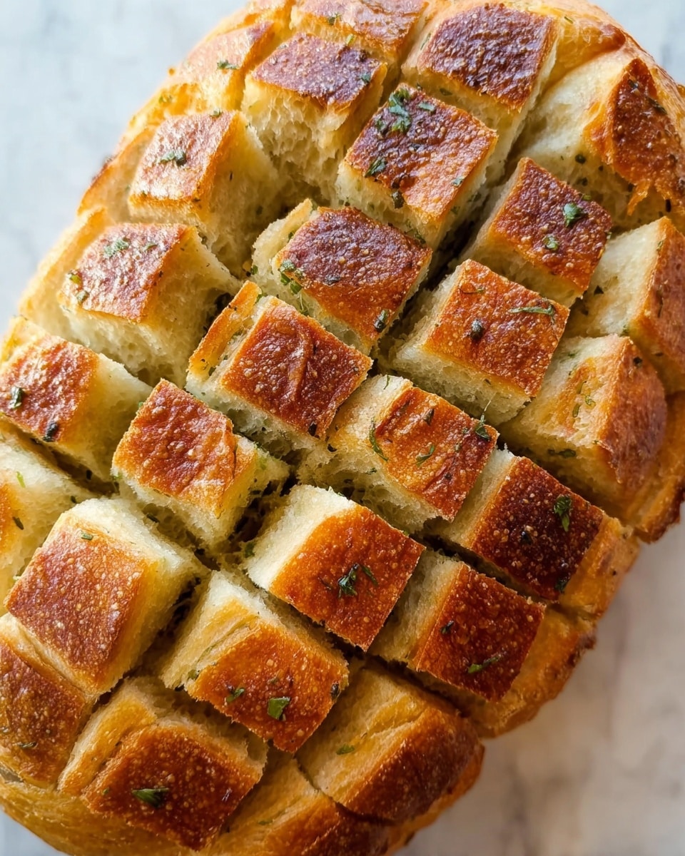 A loaf of golden-brown bread is cut into a grid pattern, creating many small square sections. The top crust looks crispy with a slightly toasted texture and is sprinkled with small green herbs. Between the cuts, you can see soft, light-colored bread inside. The bread sits on a white marbled surface, and the overall image shows a close-up view highlighting the texture and layers of the bread. photo taken with an iphone --ar 4:5 --v 7