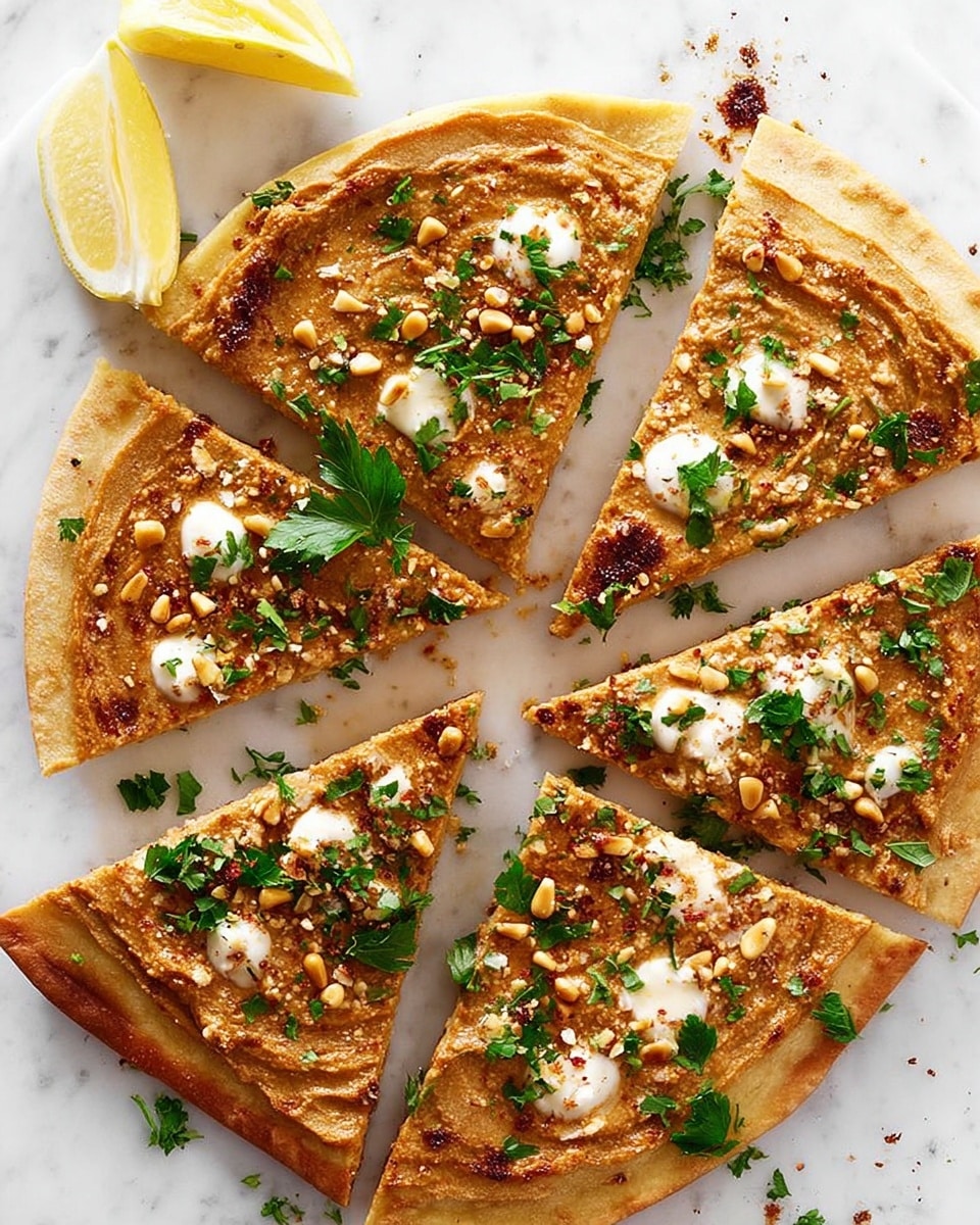 A white round flatbread or thin crust pizza cut into eight triangular slices is placed on a white marbled surface. The base layer is light golden brown with a spread of a smooth, tan-colored sauce or topping. Scattered evenly on top are small dollops of white creamy cheese and a sprinkle of toasted pine nuts. Bright green parsley leaves are spread on the surface, adding fresh color. The flatbread has a thin, lightly browned crust, and there is a lemon wedge placed near the top left edge. The overall texture looks crispy yet soft with a mix of creamy and crunchy toppings. Photo taken with an iphone --ar 4:5 --v 7