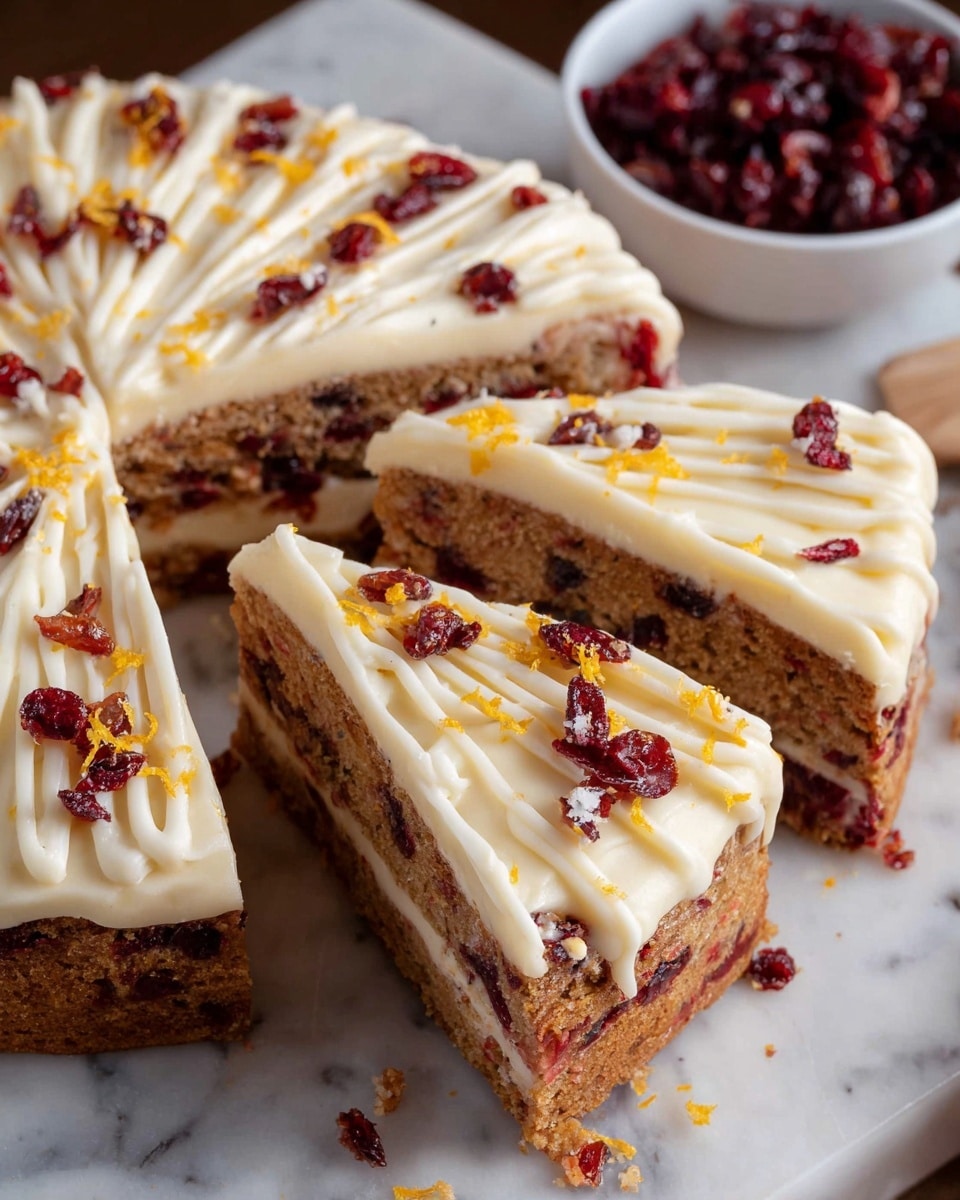 The image shows a round cake cut into slices, each slice with two visible layers: a brownish cake layer filled with pieces of dried red cranberries and a creamy white frosting layer in between and on top; the frosting is smooth and thick with drizzles of white icing and sprinkled dried cranberries and orange zest on top. The cake is placed on a white marbled surface, and there is a white bowl filled with extra dried cranberries off to the side. One slice is slightly lifted, showing the moist texture and the blend of the cake and the cream. Photo taken with an iphone --ar 4:5 --v 7