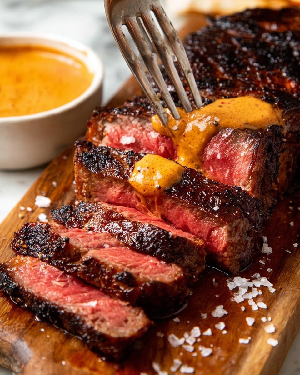 A close-up image shows several thick slices of medium-rare steak arranged on a wooden board. The steak has a dark brown charred crust on the outside and a juicy, pink inside. An orange creamy sauce is drizzled over the top slices and a small dollop is placed on the middle slice. Coarse salt is sprinkled lightly around the steak on the board. A metal fork is holding the front slice of steak. In the background, a white bowl with more orange sauce can be seen, all placed on a white marbled surface. Photo taken with an iphone --ar 4:5 --v 7