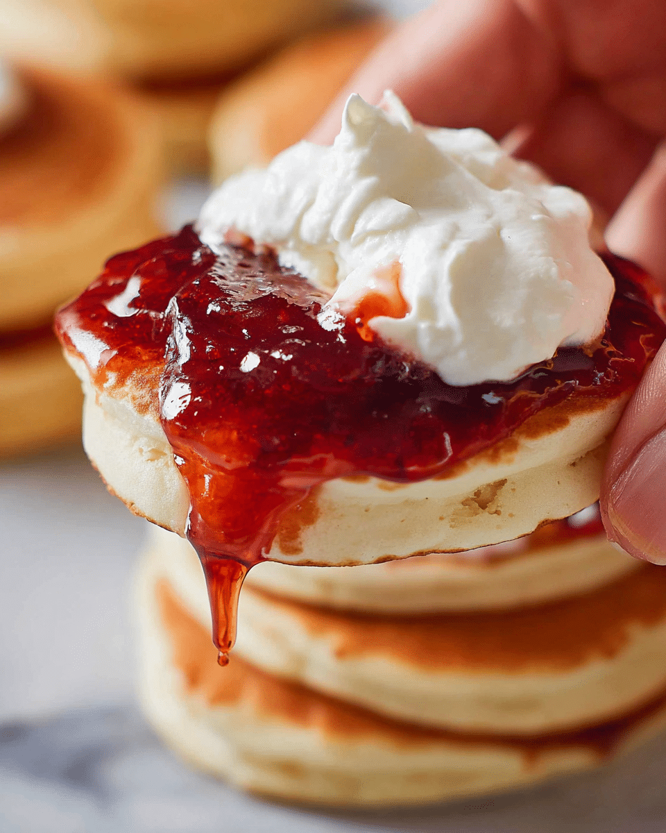 A close-up view of several stacks of golden brown pancakes, each stack made of three to four layers of fluffy, soft pancakes. The top pancake of each stack is covered with a thick, glossy red jam that drips down the sides, adding a shiny, sticky texture. On top of the jam, there is a dollop of smooth, white whipped cream shaped like a soft peak. The stacks sit on a white plate placed on a white marbled surface, with more plain pancakes scattered around them, and a blurred background hinting at a jar and a purple flower. Photo taken with an iphone --ar 4:5 --v 7
