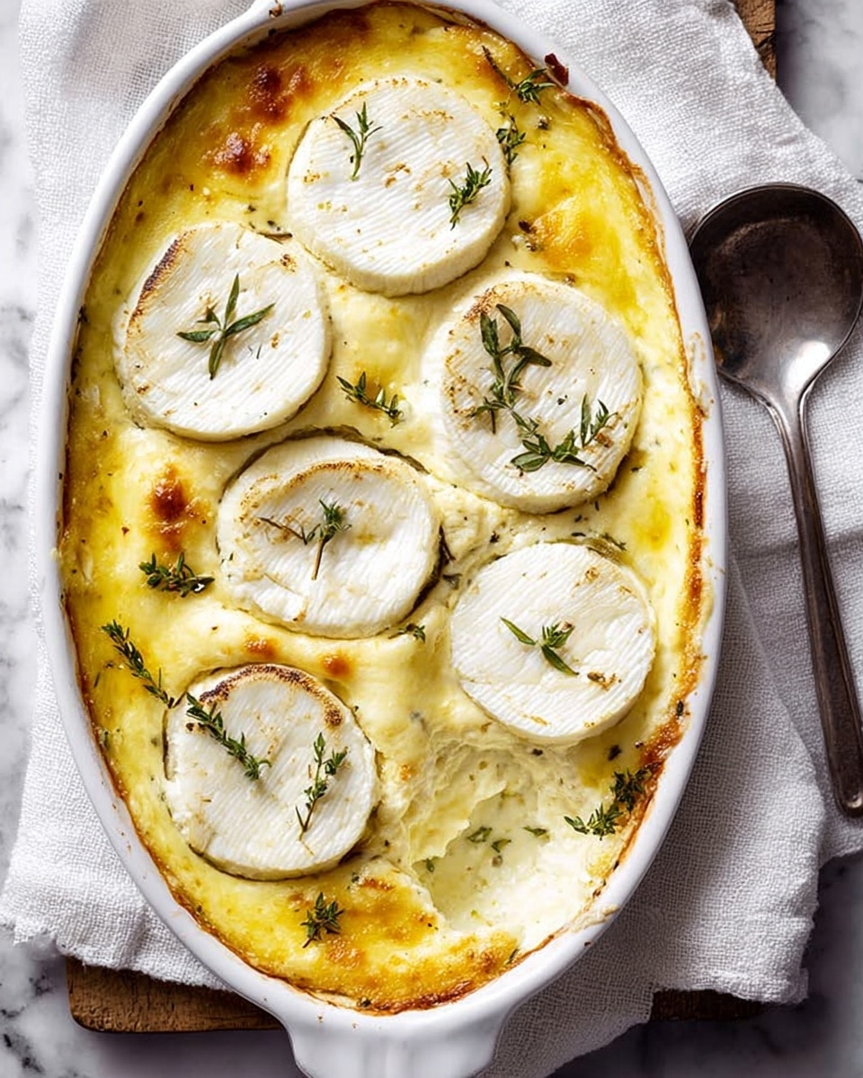 A white oval dish filled with a creamy baked dish that has a smooth yellowish top layer slightly browned around edges. On top, there are six round white cheese slices with a soft rind and slight grill marks, laid evenly spaced across the surface. Small green herb sprigs are scattered over the cheese, adding fine texture and color contrast. The dish rests on a white marbled surface next to a white cloth and a metal spoon. Photo taken with an iphone --ar 4:5 --v 7