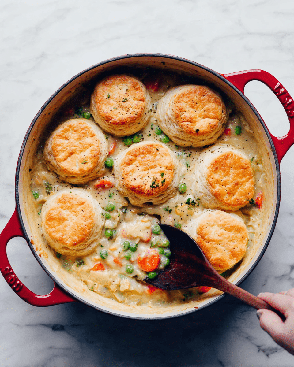 A round white pot with a red handle holds a thick, creamy stew filled with visible orange carrot slices and green peas. On top, there are nine golden-brown biscuits arranged in a neat circle with a soft, fluffy texture and slight crisp edges. A dark wooden spoon scoops some of the stew, showing the colorful vegetables and creamy sauce beneath the biscuits. The pot sits on a white marbled surface, and part of a woman's hand holds the spoon on the right side. photo taken with an iphone --ar 4:5 --v 7