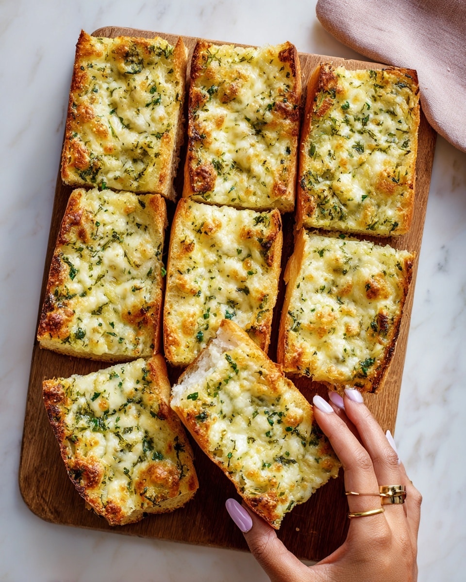 The image shows a wooden cutting board placed on a white marbled surface, topped with ten rectangular slices of garlic bread arranged in two rows. Each slice has a golden-brown crust and is covered by a textured layer of melted, bubbly cheese mixed with finely chopped green herbs, creating a mix of light yellow and green colors. The thick bread underneath is soft and white, visible along the edges and in between the slices. A woman's hand with light pink nails and a gold ring is gently picking up one piece from the bottom right corner. Photo taken with an iphone --ar 4:5 --v 7