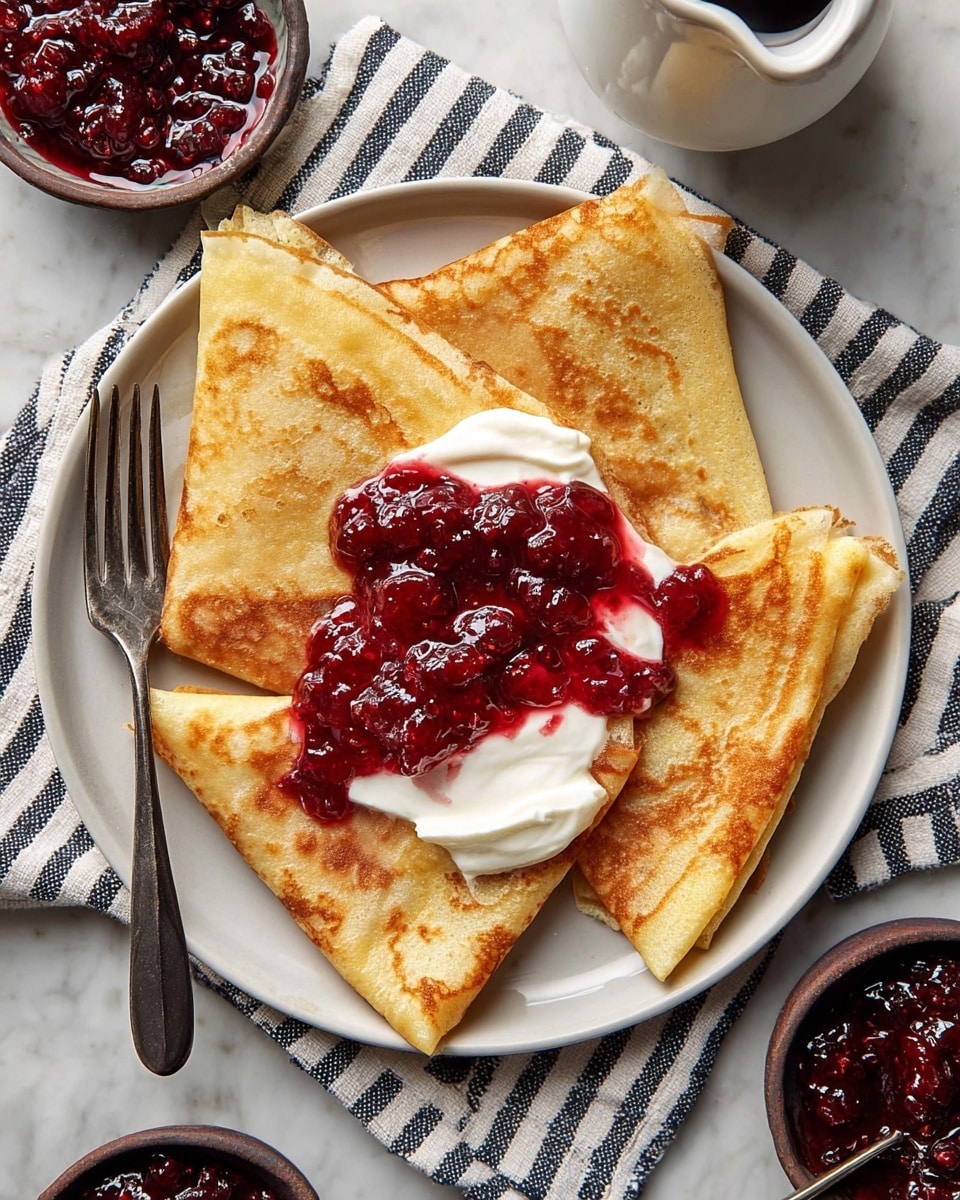A white plate holds four thin, golden-brown crepes folded into triangles, arranged in a slightly overlapping circle. On top of the crepes is a thick white cream layer, with a dollop of shiny, deep red berry jam piled over it. Near the plate, a silver fork rests on a white cloth with navy stripes, and small dishes of the same berry jam sit beside it. The whole scene is set on a white marbled surface with a small white pitcher in the background. photo taken with an iphone --ar 4:5 --v 7