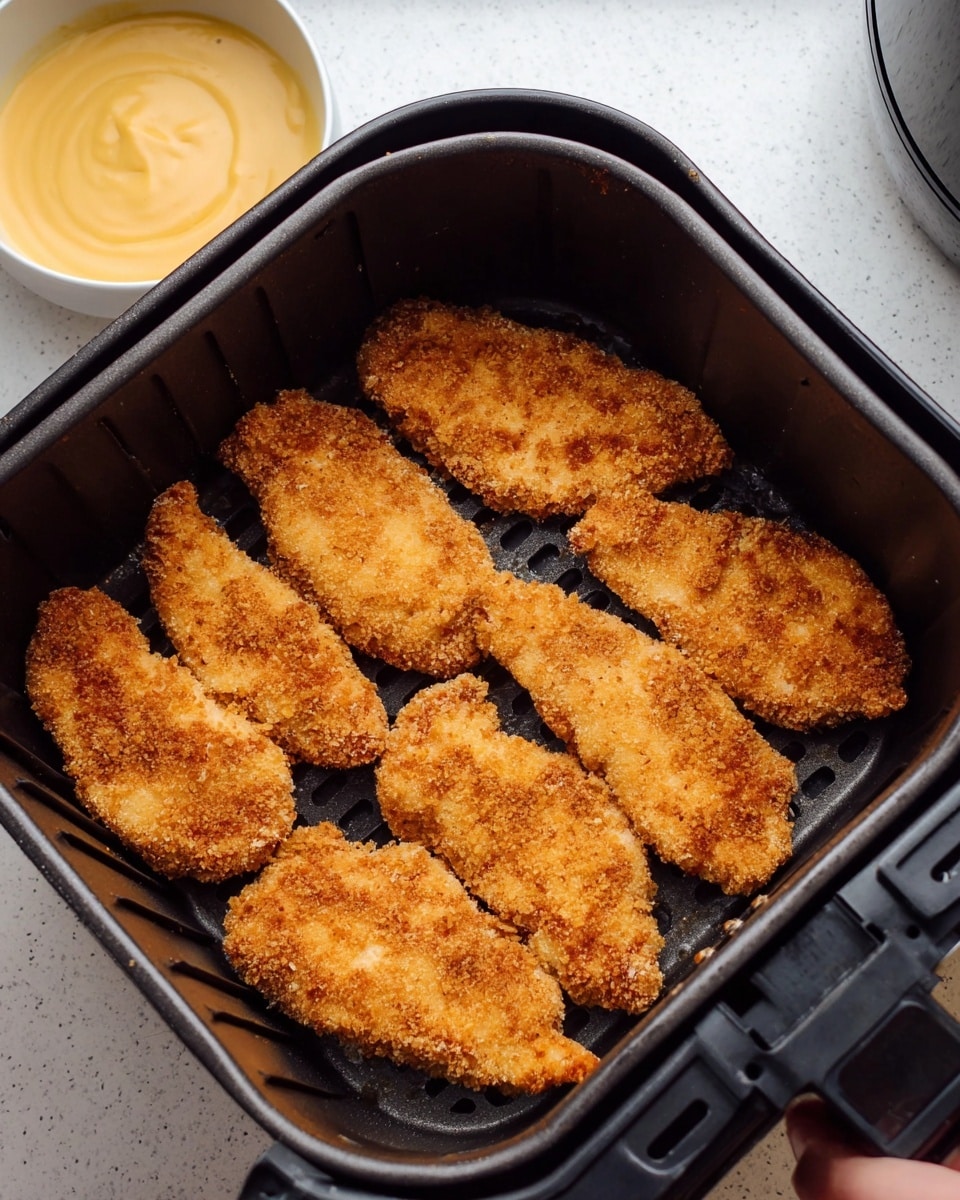 The image shows five pieces of golden-brown breaded chicken strips arranged neatly inside a black air fryer basket. Each chicken strip has a crispy texture with visible bread crumbs and a slightly uneven surface, indicating a crunchy coating. To the left of the basket, there is a small white bowl filled with a smooth, creamy yellow sauce. The background is a white marbled surface. A woman's hand is holding the handle of the air fryer basket from the right side. Photo taken with an iphone --ar 4:5 --v 7