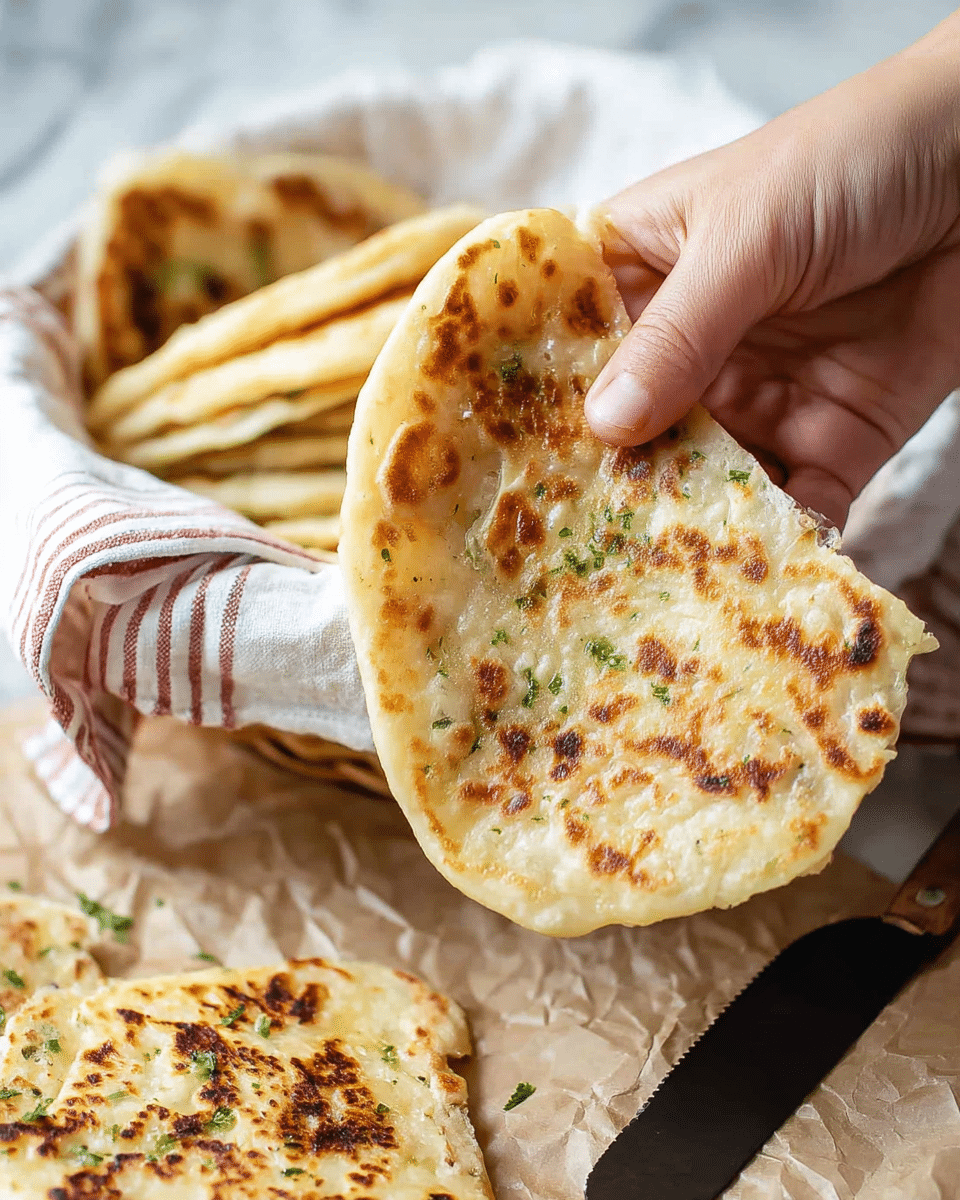A close-up of a woman's hand holding a piece of flatbread with a golden-brown, slightly charred surface showing small green herb specks, while more flatbreads with similar textures and colors are stacked in a white basket lined with a striped cloth in the background; one piece of flatbread is partly visible on crumpled parchment paper on a white marbled surface with a black butter knife nearby. photo taken with an iphone --ar 4:5 --v 7