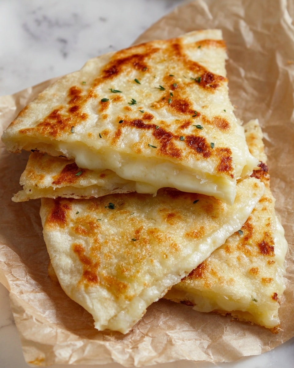 The image shows three triangular slices of a flatbread with melted cheese inside. The top layer is golden brown with toasted spots and a slightly crispy texture, while the cheese below is creamy white and gooey, slightly oozing out. The flatbread appears soft with a light, fluffy interior and thin, slightly crisp edges. The slices rest on crinkled light parchment paper placed on a white marbled surface. photo taken with an iphone --ar 4:5 --v 7