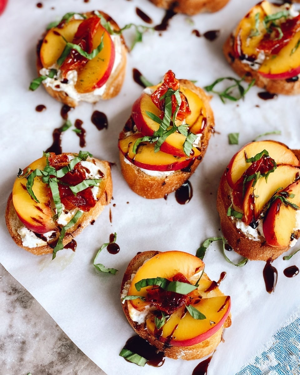 The image shows several small toasted bread slices arranged on white parchment paper on a white marbled surface. Each bread slice is topped with a creamy white layer, followed by thin slices of orange peach with a hint of red near the edges. Small pieces of reddish-brown sun-dried tomato rest on top of the peaches. Thin green strips of fresh basil are sprinkled over the toasts, adding a fresh touch. A dark balsamic glaze is drizzled artfully across the toasts and the surface. The colors contrast nicely with the light base and bright toppings, creating an inviting presentation. Photo taken with an iphone --ar 4:5 --v 7