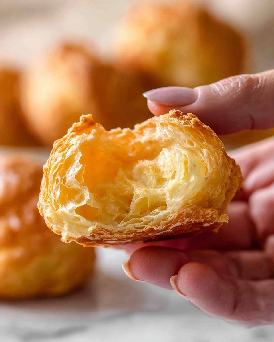 A close-up view of a golden puffed pastry piece being held by a woman's hand with short nails. The pastry is torn open, showing its hollow, airy interior layers that are light yellow and crisp on the edges, with a soft, slightly creamy inner texture. The blurred background includes more pastries resting on a white marbled surface, creating a warm and inviting feel. photo taken with an iphone --ar 4:5 --v 7