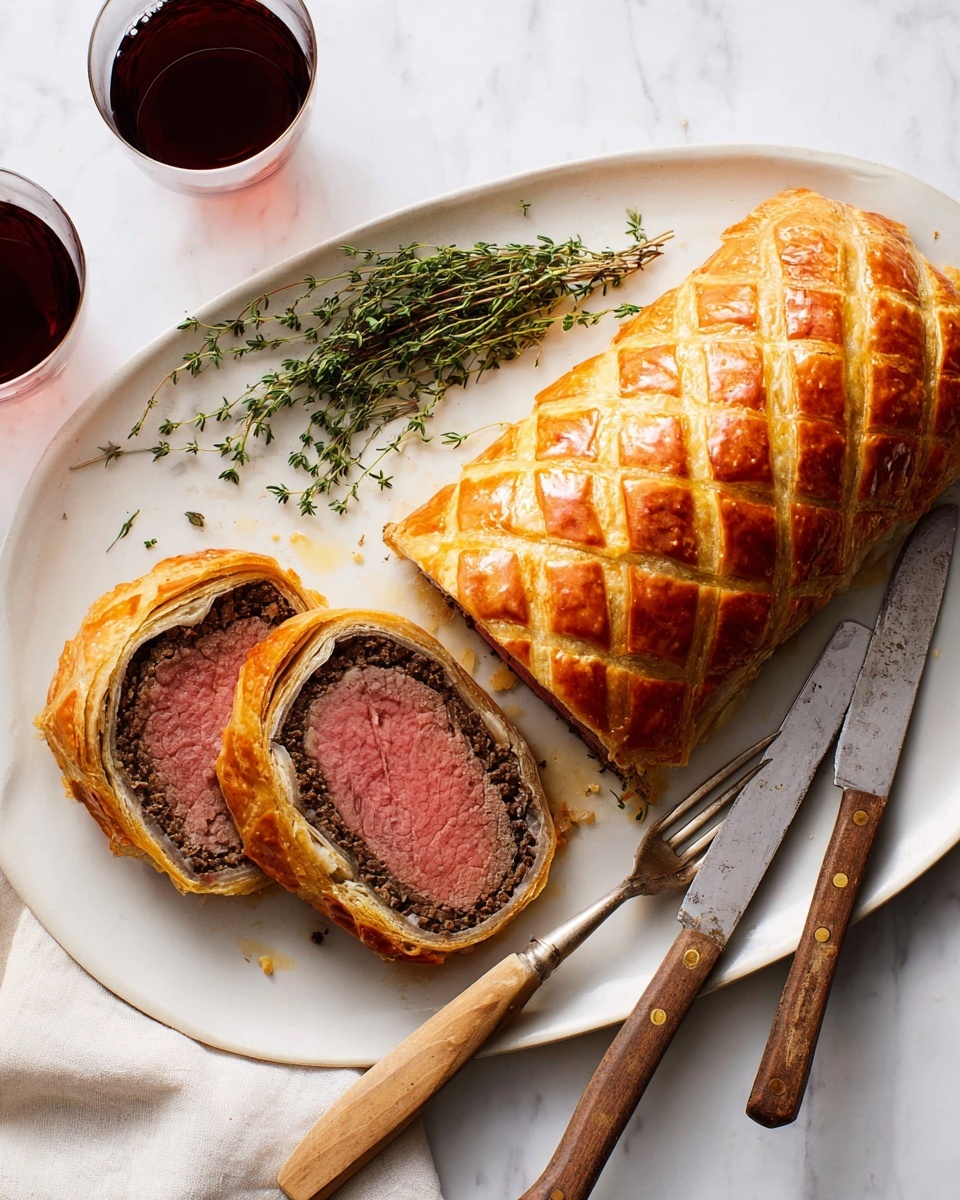 A white oval plate holds a beef Wellington sliced to show three layers: the center is pink, juicy beef tenderloin, surrounded by a thin layer of finely chopped mushroom duxelles in a brownish texture, all wrapped in a shiny, golden-brown puff pastry crust with diagonal slits on top. Two slices are cut and laid flat on the left side of the plate, with the larger uncut roll on the right. A bunch of fresh green thyme sprigs lies near the pastry. Beside the plate, a two-pronged fork and a serrated knife with wooden handles rest on the white marbled surface. In the upper right corner, two small clear glasses filled with red wine are visible. Photo taken with an iphone --ar 4:5 --v 7