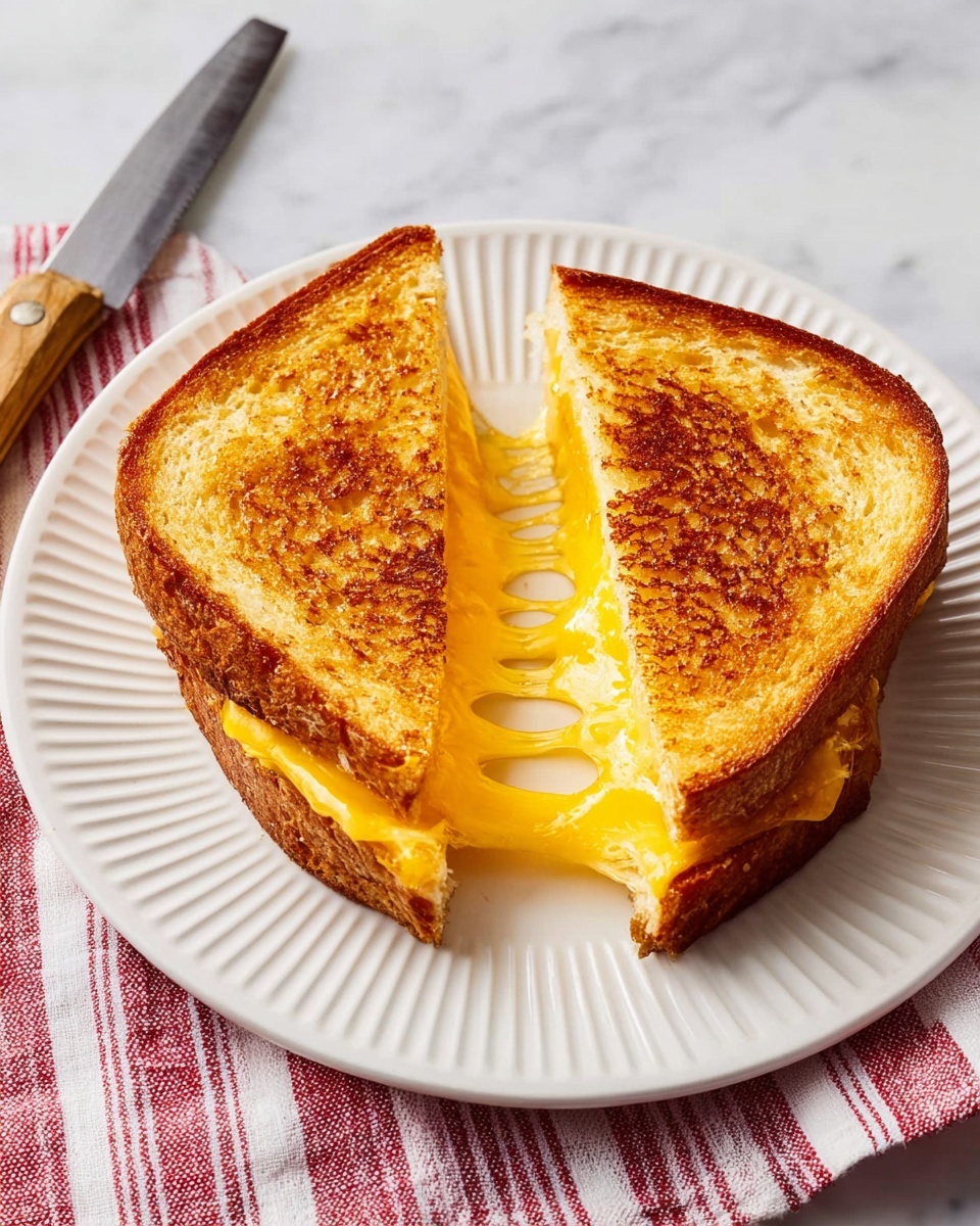 A grilled cheese sandwich is cut diagonally in half, with two slices of golden-brown toasted bread forming the top and bottom layers. Between the bread slices, vibrant yellow melted cheese is stretched visibly, showing a smooth, gooey texture central to the sandwich. The sandwich sits on a simple white plate with ridged edges, placed on a white marbled surface. A striped red and white cloth is partially visible beneath the plate, while a knife with a wooden handle rests nearby. Photo taken with an iphone --ar 4:5 --v 7