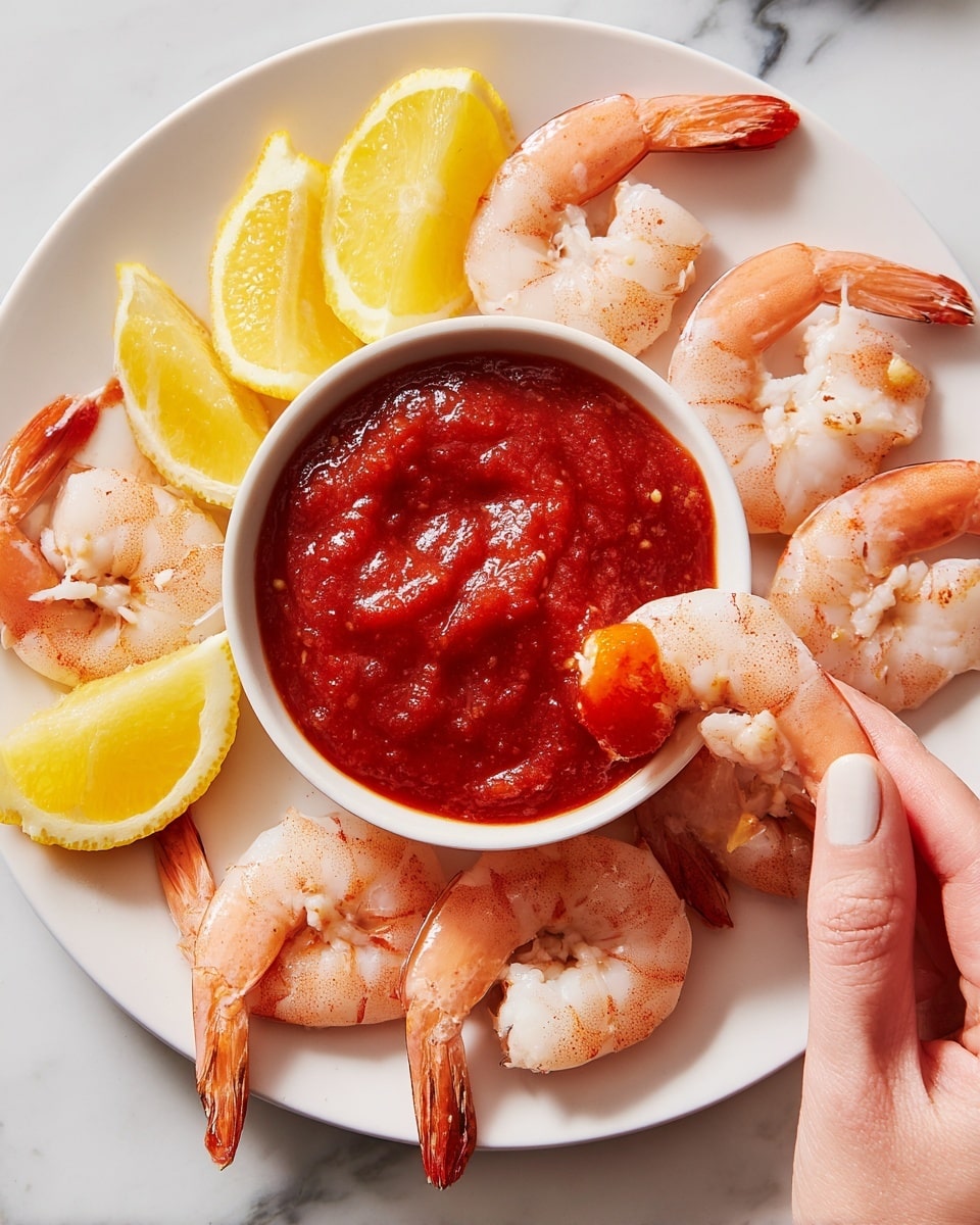 A white round plate holds a ring of pink cooked shrimp with their tails on, arranged around a white bowl filled with thick, chunky red cocktail sauce. There are bright yellow lemon wedges placed around the shrimp on the plate. A woman's hand is dipping one shrimp into the sauce, showing the shrimp partially coated in the bright sauce. The surface below the plate is white with a marbled texture. photo taken with an iphone --ar 4:5 --v 7