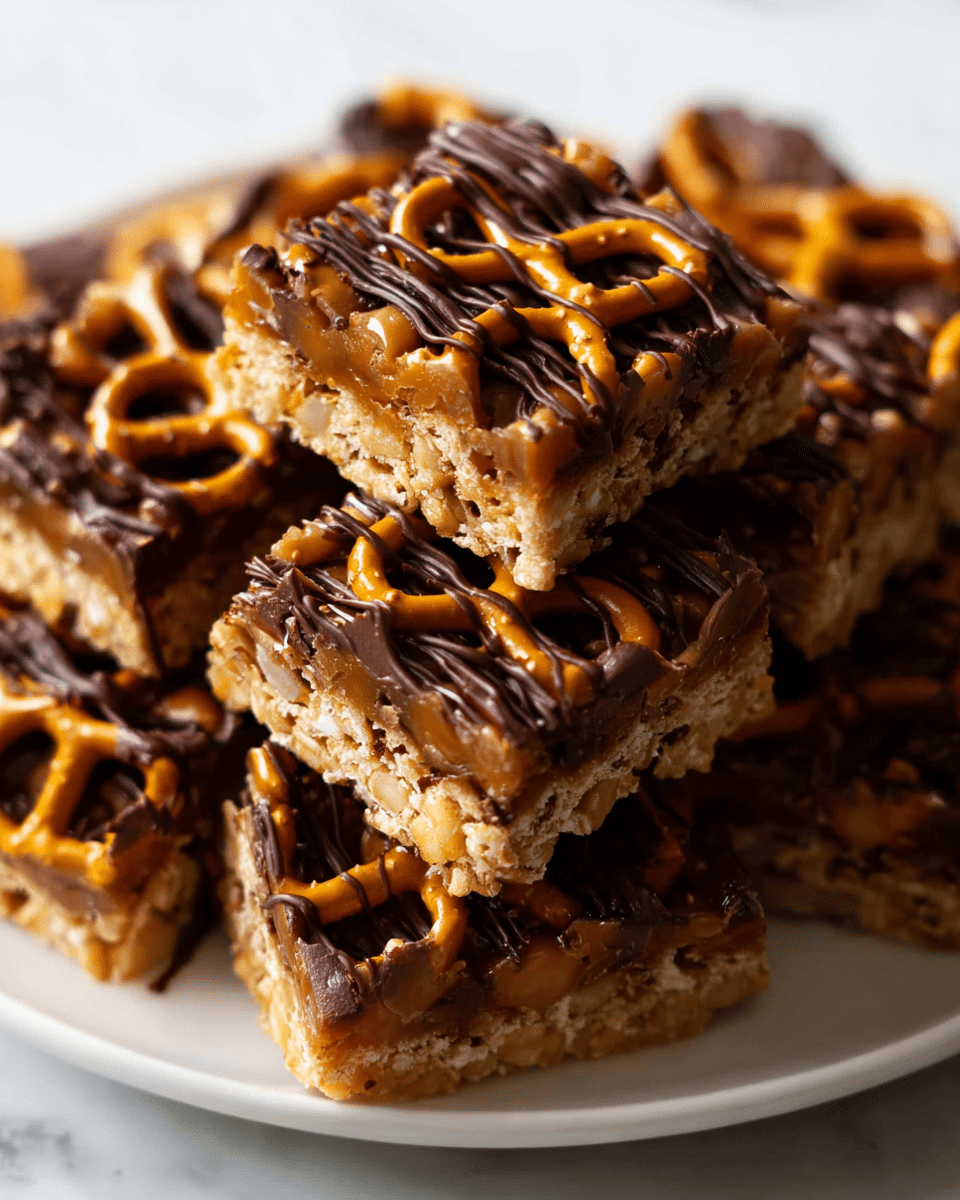 The image shows a stack of square treats on a white plate placed on a white marbled surface. Each treat has three visible layers: a crunchy bottom layer in light brown, a middle layer of small, twisted pretzels in a golden tan color, and a top layer with caramel drizzled over the pretzels. Dark brown chocolate is drizzled diagonally on the top in thick lines, adding texture and contrast. The pieces are close together, with the top treat positioned slightly askew to show the layers clearly. Photo taken with an iphone --ar 4:5 --v 7