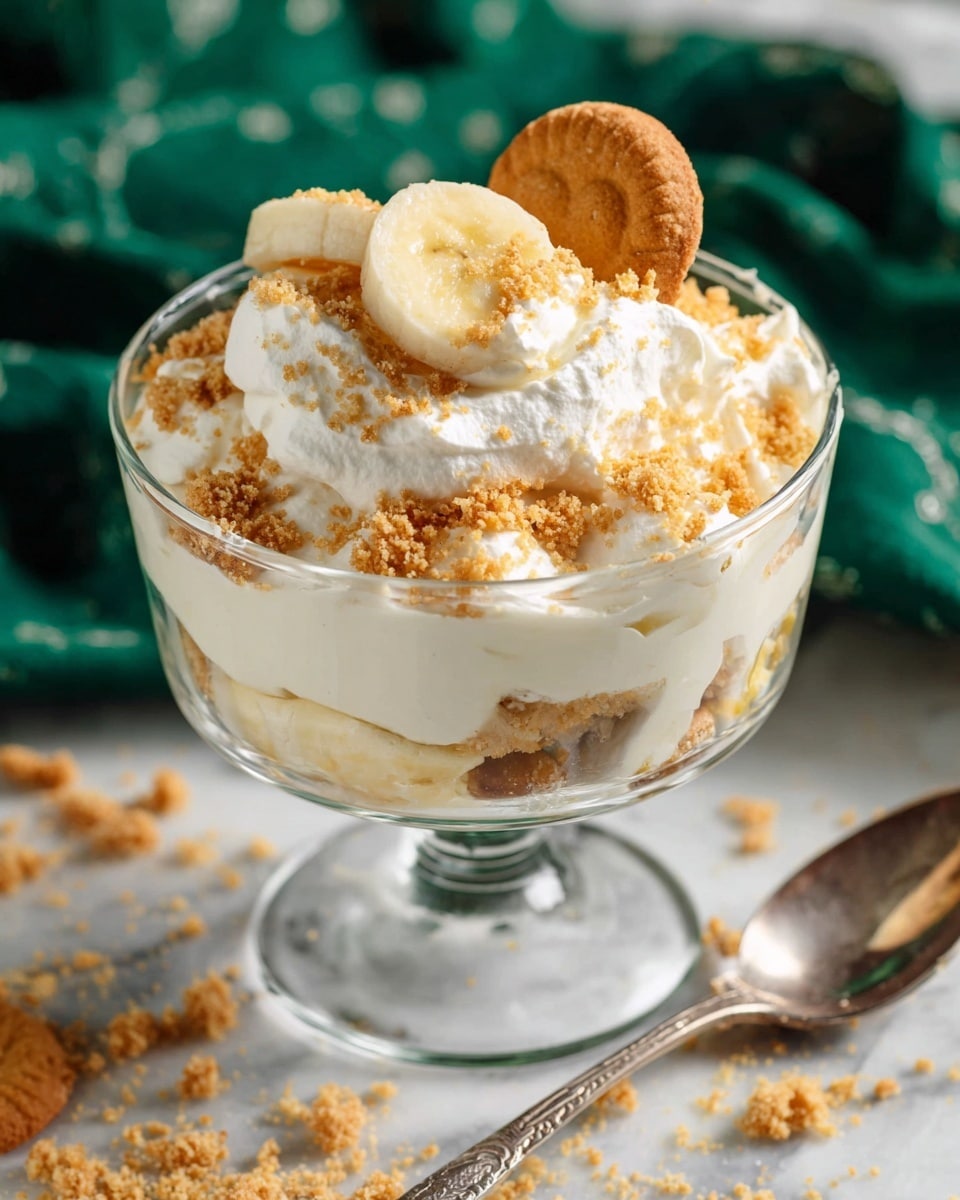 A clear glass dessert bowl filled with three main layers: the bottom layer is crumbled light golden cookies, the middle layer is thick white creamy mixture, and the top layer is a mix of whipped cream and more crushed golden cookie crumbs scattered over it. On top, a small whole golden cookie and a thick slice of banana rest side by side near the rim. A vintage silver spoon is placed inside the bowl on the right. The background is a white marbled surface covered partially by a green cloth with cookie crumbs scattered around. photo taken with an iphone --ar 4:5 --v 7