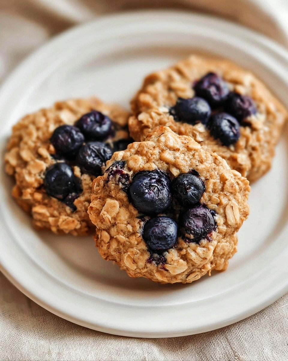 Three oatmeal cookies with a rough texture and light brown color are arranged on a white plate. Each cookie has blueberries baked into and placed on top, showing dark purple and blue hues with a glossy finish. The cookies have visible oats scattered on their surface, giving them a chewy look. The plate has a simple raised rim and is placed on a neutral-colored fabric with a soft background. Photo taken with an iphone --ar 4:5 --v 7
