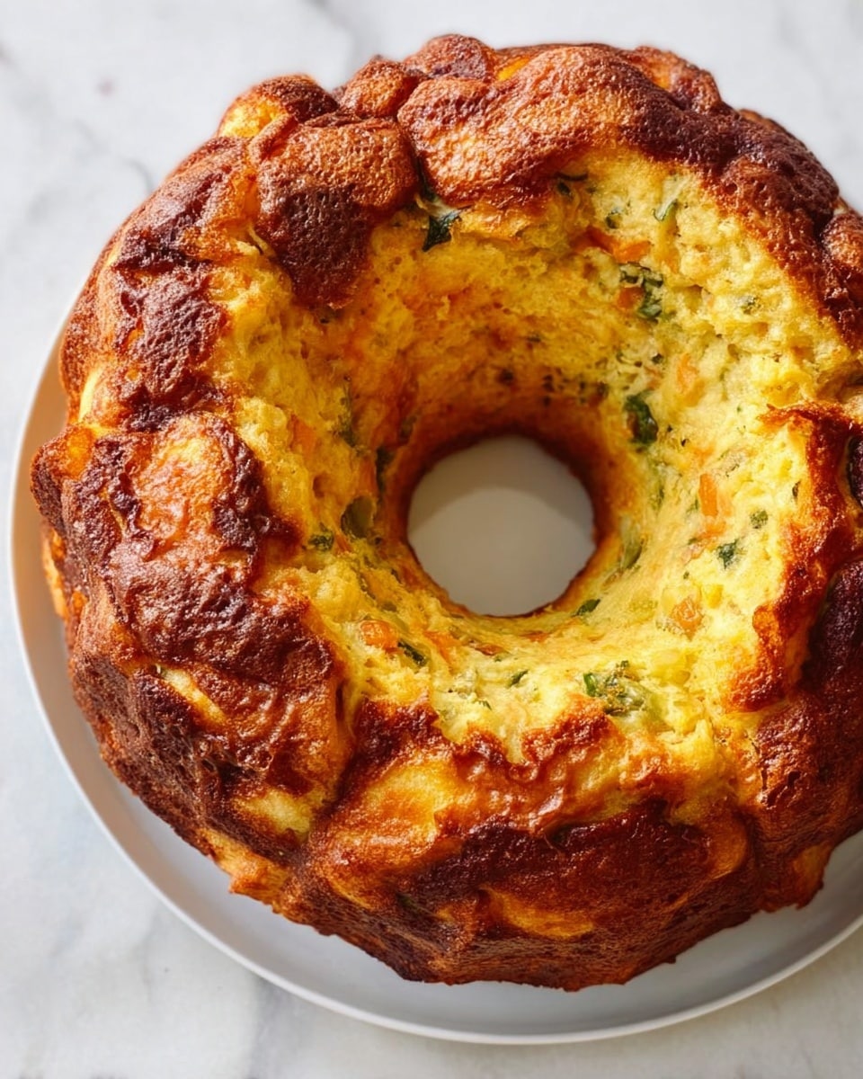 A golden brown bundt-shaped baked dish sits on a white plate against a white marbled surface. The outer layer is crispy and browned with some darker spots and a textured, uneven surface. Inside, visible sections show a soft, fluffy yellow layer mixed with green specks and hints of orange, suggesting vegetables or herbs embedded within. The center hole of the bundt shape is hollow, revealing the plate beneath. The overall look is rustic and inviting, with a contrast between the crispy outside and tender inside. photo taken with an iphone --ar 4:5 --v 7