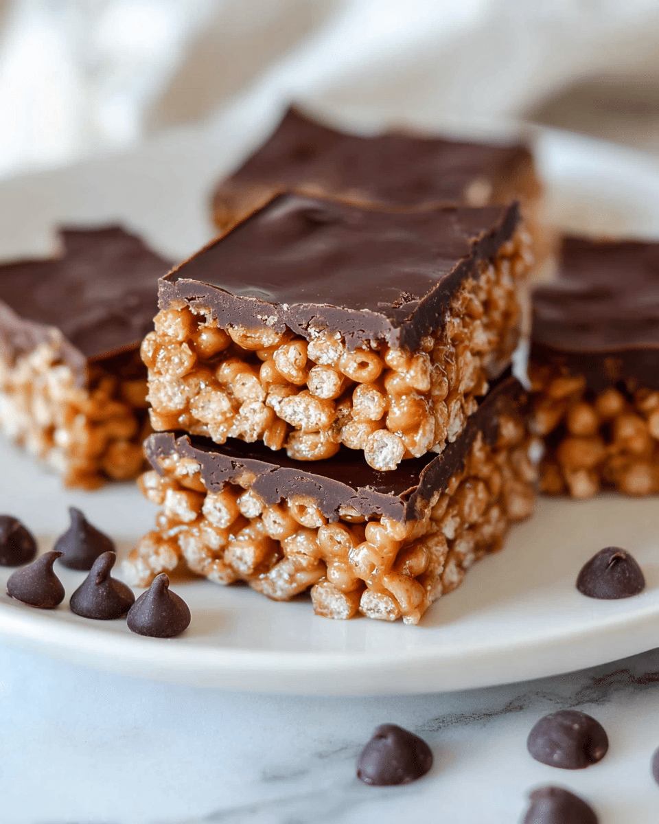 The image shows close-up square bars of a layered treat on a white plate, set on a white marbled surface. Each bar has two thick layers: the bottom layer is a mix of small, light tan puffed rice pieces held together with a glossy caramel-like coating, creating a sticky texture, and the top layer is a smooth, shiny, dark brown chocolate sheet that covers the entire surface of the puffed rice base evenly. Several chocolate chips are scattered in the foreground on the white marbled surface, adding to the chocolate theme. Photo taken with an iphone --ar 4:5 --v 7