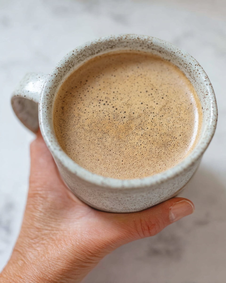 A close-up view of a speckled light grey ceramic mug filled with light brown frothy coffee foam, held gently by a woman's hand from behind and below, against a white marbled texture background. The foam is smooth with tiny bubbles covering the surface evenly, and the mug's handle is on the left side, visible in the shot. photo taken with an iphone --ar 4:5 --v 7