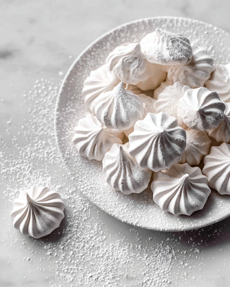The image shows a white plate filled with many small white meringue cookies, each shaped like a swirl with ridged texture and pointed tips. The meringues are arranged in a casual pile, some standing upright and others lying on their sides, showing the smooth, glossy surface on the outside and a light airy texture inside. A few meringues are placed on a white marbled surface near the plate. The whole scene is dusted with a fine layer of powdered sugar that adds a soft, frosted look to the cookies and the plate. photo taken with an iphone --ar 4:5 --v 7