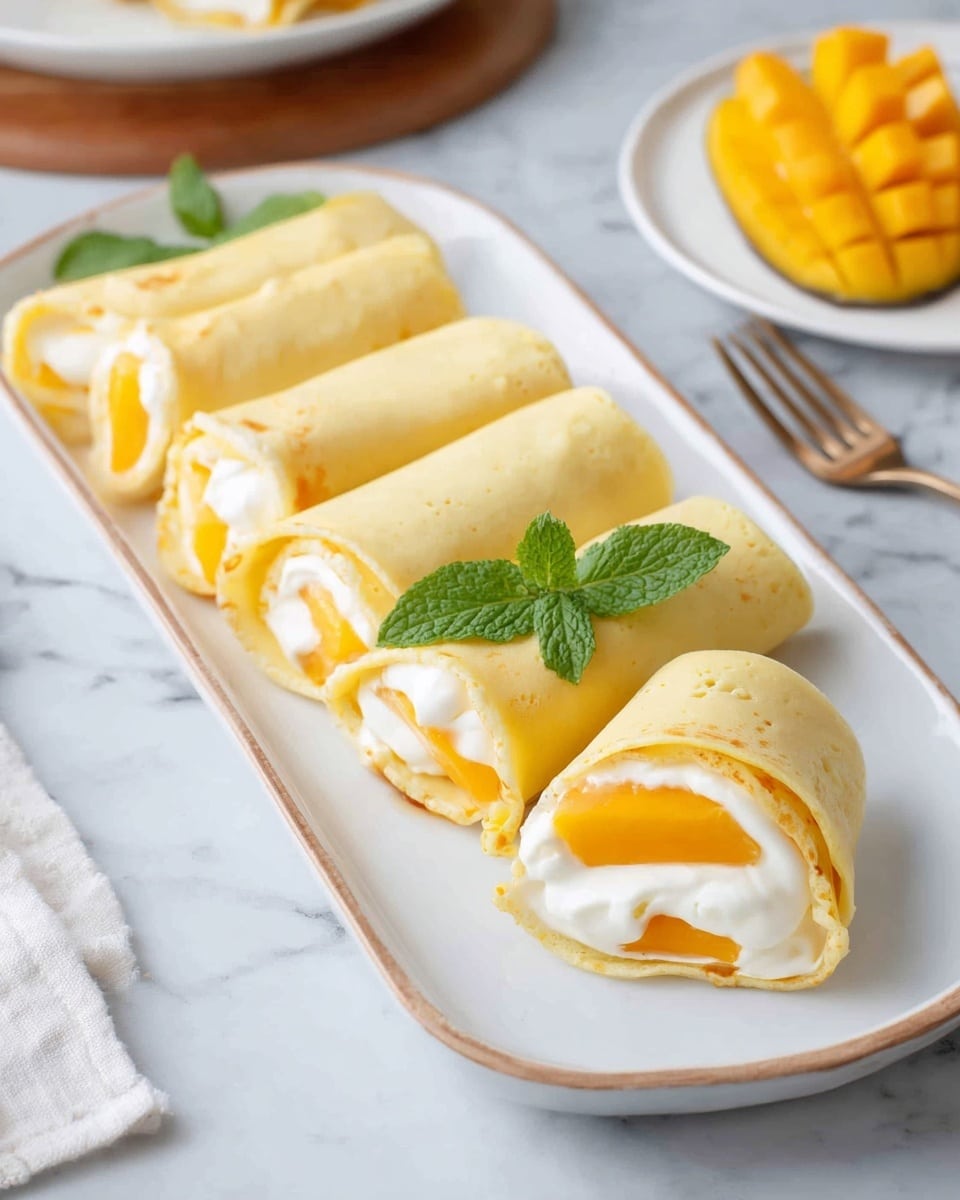 A rectangular white plate holds six neatly arranged rolled crepes, each filled with three layers: the outer light yellow crepe, a thick white creamy layer inside, and a bright orange mango slice in the center. One crepe is placed flat on the plate with a fresh green mint leaf on top for decoration. The plate rests on a white marbled surface, with part of a sliced mango and a fork visible in the background. Photo taken with an iphone --ar 4:5 --v 7