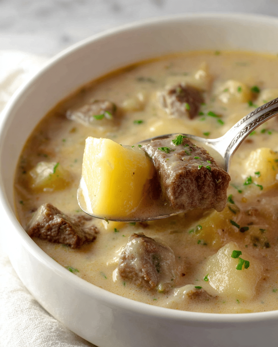 A close-up of a white bowl filled with creamy soup containing chunky pieces of brown beef and light yellow potatoes in a thick beige broth. There are small green herb bits sprinkled on top. A spoon lifts a piece of beef and a potato cube from the soup, showing the rich texture of the meat and the smooth potato surface. The bowl sits on a white marbled surface. photo taken with an iphone --ar 4:5 --v 7
