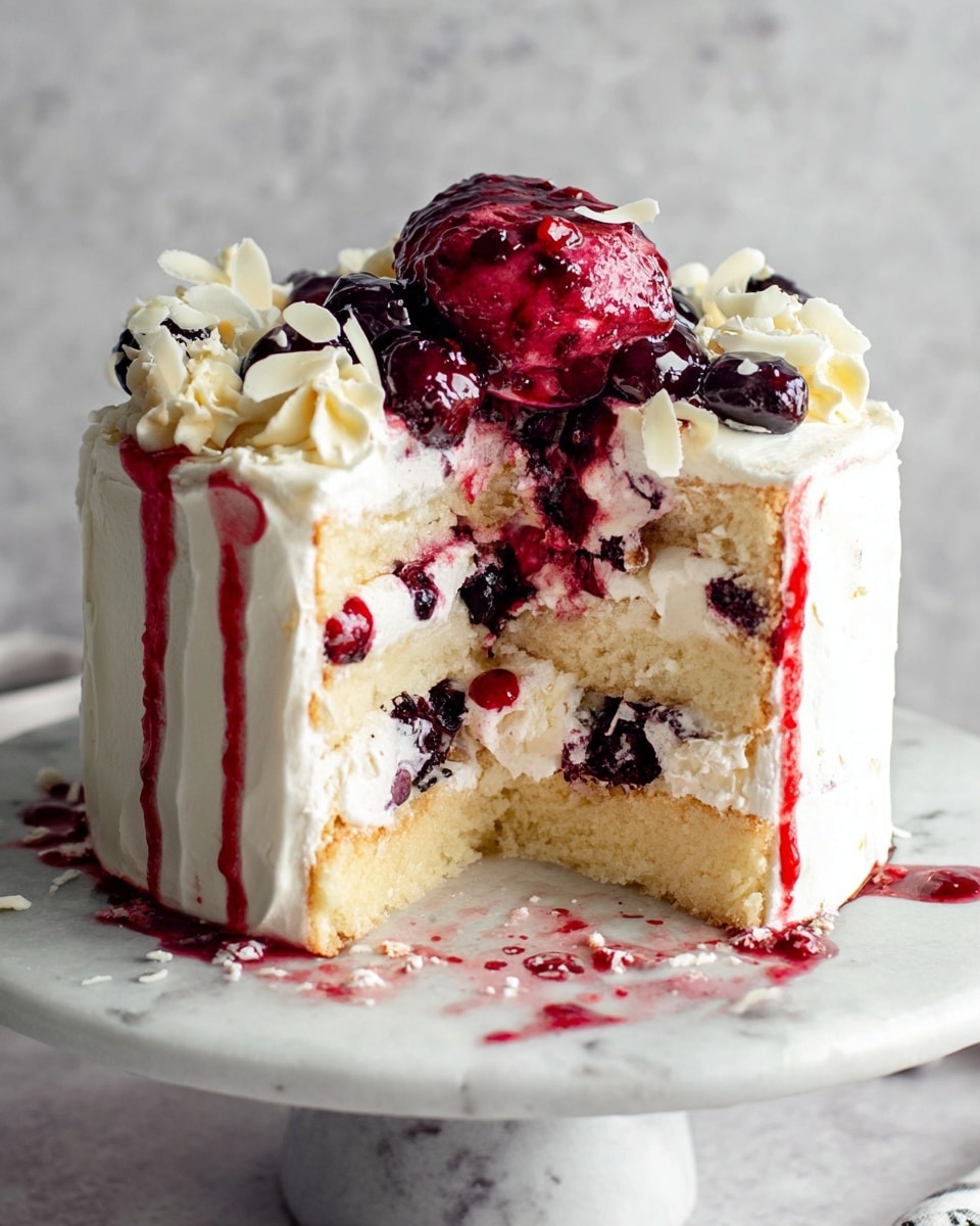 A two-layer white cake with thick cream covering the outside, topped with a bright red berry sauce and dark whole berries, decorated with white chocolate curls on top. The top layer has a large scoop of glossy dark red berry topping spilling slightly over the edges, and inside the cake, there are layers of white cake separated by white cream and dark berries with red sauce dripping down. The cake sits on a white cake stand with a white marbled texture beneath, and some cream and berry sauce have dripped onto the stand. Photo taken with an iphone --ar 4:5 --v 7