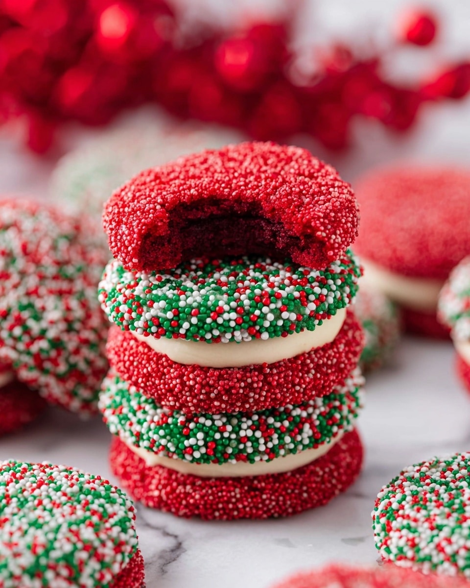 A close-up view of a stack of four thick sandwich cookies placed on a white marbled surface, with a partially bitten bright red cookie on top showing its soft, slightly crumbly texture. The red cookie layers are coated in tiny red round sprinkles, while the green filling layers between them are covered with small round sprinkles in red, white, and green, creating a festive look. Around the stack, more cookies with the same red and tricolor sprinkle design are scattered, and the background is softly blurred with red decorations. photo taken with an iphone --ar 4:5 --v 7
