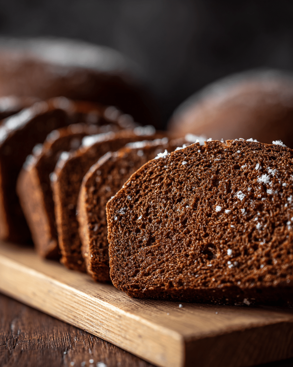 The image shows a close-up of several slices of dark brown bread with a rough, porous texture. The bread slices are arranged in a line on a light wooden board, with the front slice in sharp focus, showing its detailed crumb and a sprinkling of white flour on the crust. The background is softly blurred, featuring more round pieces of the same dark bread. The overall color contrast highlights the rich brown of the bread against the light wooden board and dark background. photo taken with an iphone --ar 4:5 --v 7