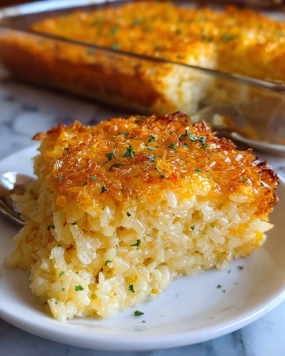 A close-up of a creamy, golden baked rice dish served on a white plate. The dish has two visible layers: the bottom layer is soft, moist, and light yellow rice, while the top layer is a crispy, browned golden crust with a slightly rough texture, sprinkled with small green herbs. The rice looks tender and fluffy, and the golden crust appears crunchy. The background shows the rest of the dish in a glass baking dish on a white marbled surface. Photo taken with an iphone --ar 4:5 --v 7