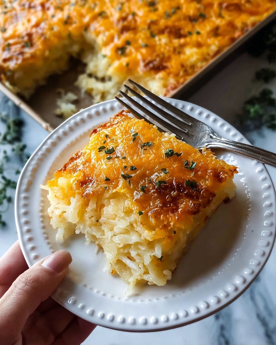 A square slice of cheesy, golden brown casserole rests on a white plate with a slightly raised dotted edge; the top layer is a crispy, melted cheddar cheese that has browned in spots and is sprinkled with small green herbs. Below the crispy cheese layer, there is a thick, pale yellow, creamy layer filled with soft, shredded potatoes that look moist and tender. The casserole tray in the background reveals the full dish with a missing piece, showing more of the same two-layered structure with a shiny, textured cheese crust. A metal fork is placed on the edge of the plate, and a woman's hand holds the plate from the bottom left corner. The setting features a white marbled textured surface beneath. photo taken with an iphone --ar 4:5 --v 7