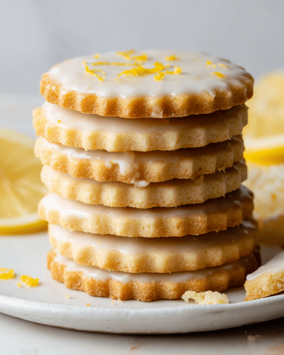 A close-up of a stack of six round cookies with a scalloped edge and a light golden-brown color. Each cookie is covered with a smooth, thin layer of glossy white icing on top, scattered lightly with small bits of bright yellow lemon zest. The cookies are stacked directly on a white plate with a subtle texture, sitting on a white marbled surface. A few small cookie crumbs lie near the base of the stack, and some lemon wedges are softly blurred in the background. The lighting is soft, highlighting the texture of the cookies and the shine of the icing. photo taken with an iphone --ar 4:5 --v 7