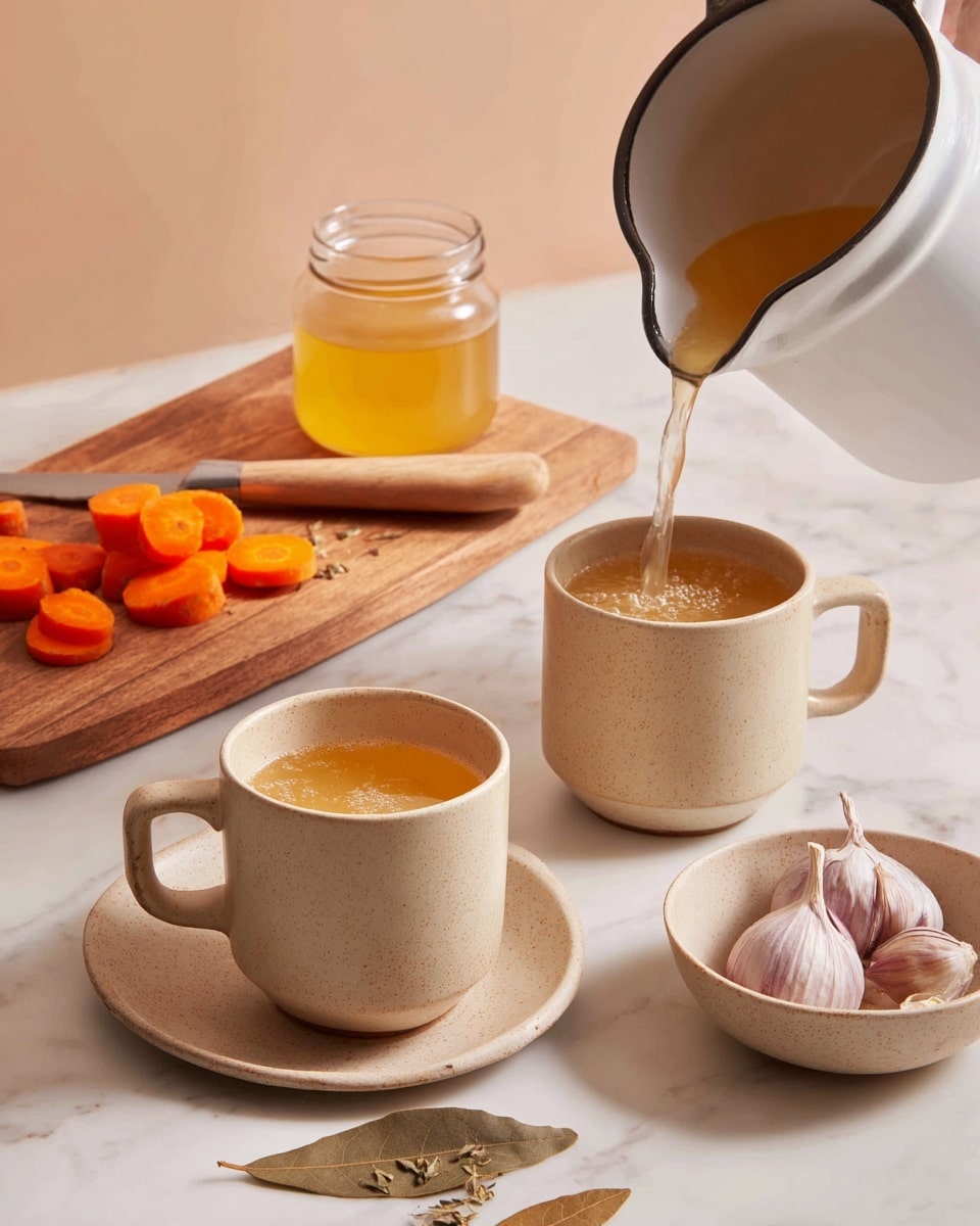 A light brown liquid is being poured from a white enamel pot into a beige ceramic cup, with another similar cup filled with the same liquid next to it. Behind the cups, there is a wooden cutting board holding a glass jar filled with golden broth, a small knife with a light wood handle, and several pieces of sliced bright orange carrots. To the right, a beige shallow bowl contains a few garlic cloves with purple skin. In the left front, on a small beige saucer, three dried bay leaves rest. The scene is set on a white marbled surface with a soft peach background. photo taken with an iphone --ar 4:5 --v 7