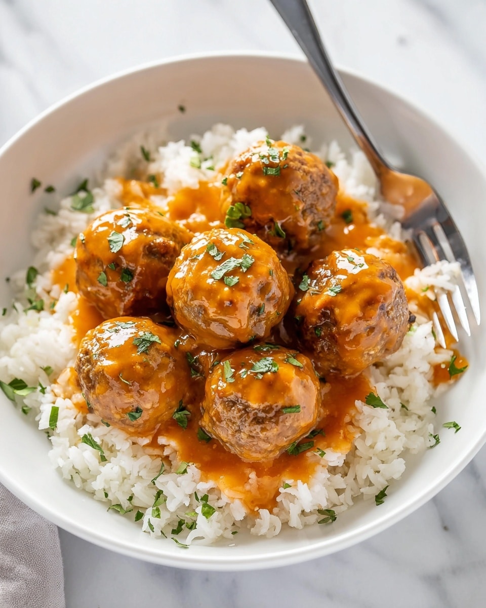A white bowl holds a bed of fluffy white rice as the bottom layer, topped with five round, brown meatballs arranged closely in the center. Each meatball is covered with a smooth, shiny orange sauce that glistens under the light. Small green herb pieces are sprinkled evenly on the meatballs and some on the rice, adding color contrast. In the background, a silver fork rests on the edge of the bowl on a white marbled surface. photo taken with an iphone --ar 4:5 --v 7