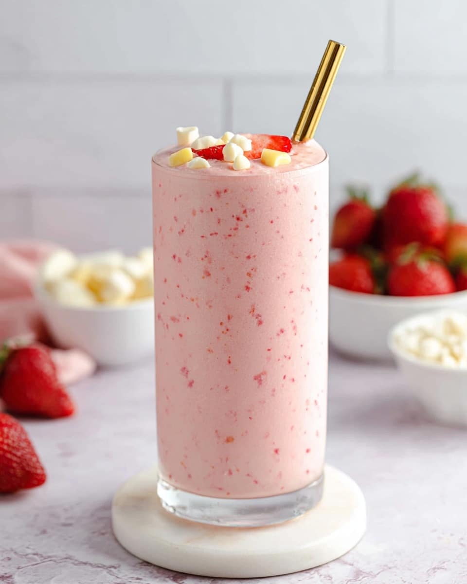 A tall, clear glass filled with a thick, light pink smoothie showing tiny red specks inside, topped with small white pieces, a few yellow chunks, and red slices, with a shiny golden straw inserted from the top. The glass sits on a white round coaster against a white marbled surface, with blurred white bowls filled with red strawberries and white pieces in the background. photo taken with an iphone --ar 4:5 --v 7