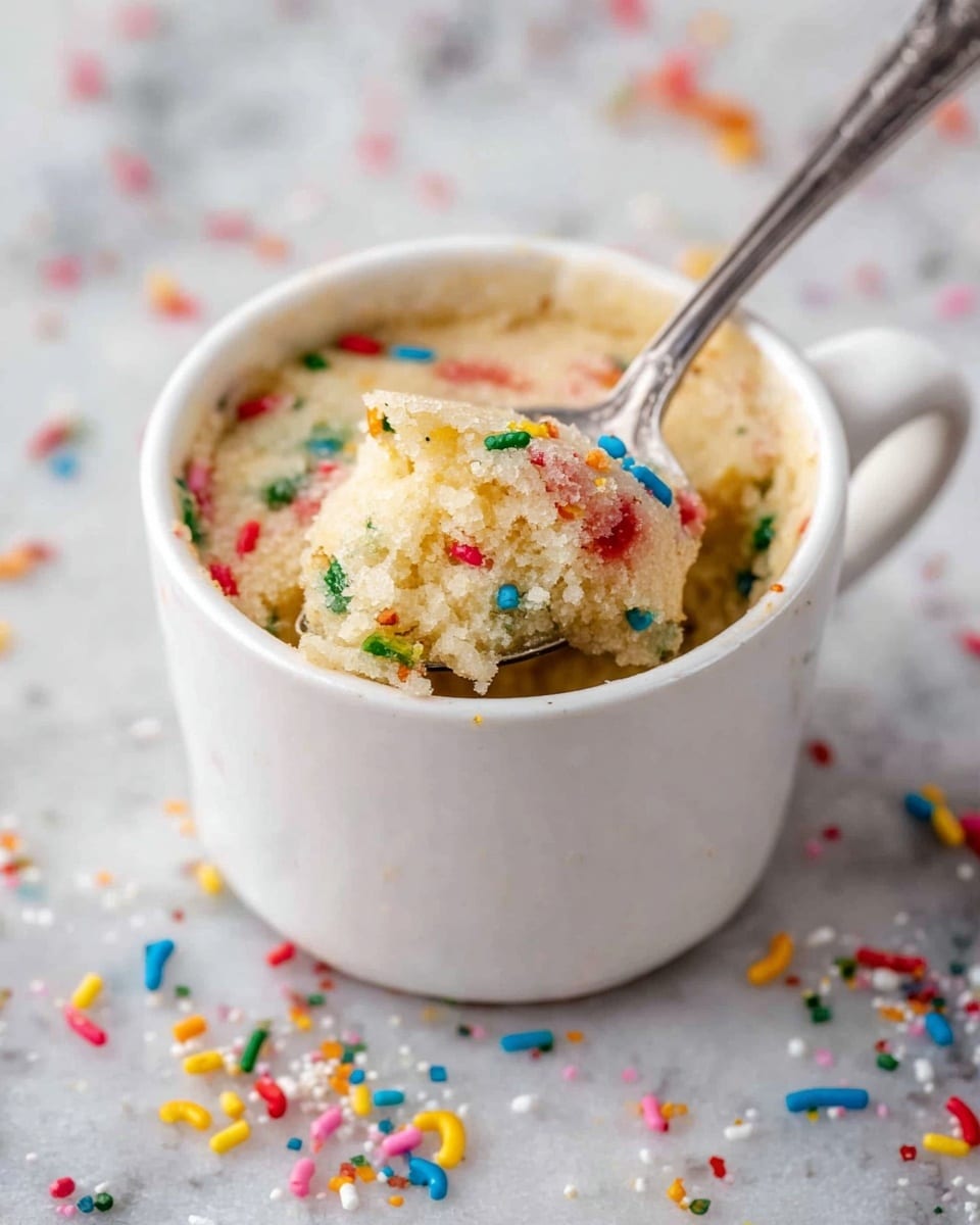 A white cup filled with a single-layer vanilla mug cake topped with colorful rainbow sprinkles, with the cake surface slightly cracked and soft textured; loose rainbow sprinkles scattered on a white marbled surface around the cup. Photo taken with an iphone --ar 4:5 --v 7