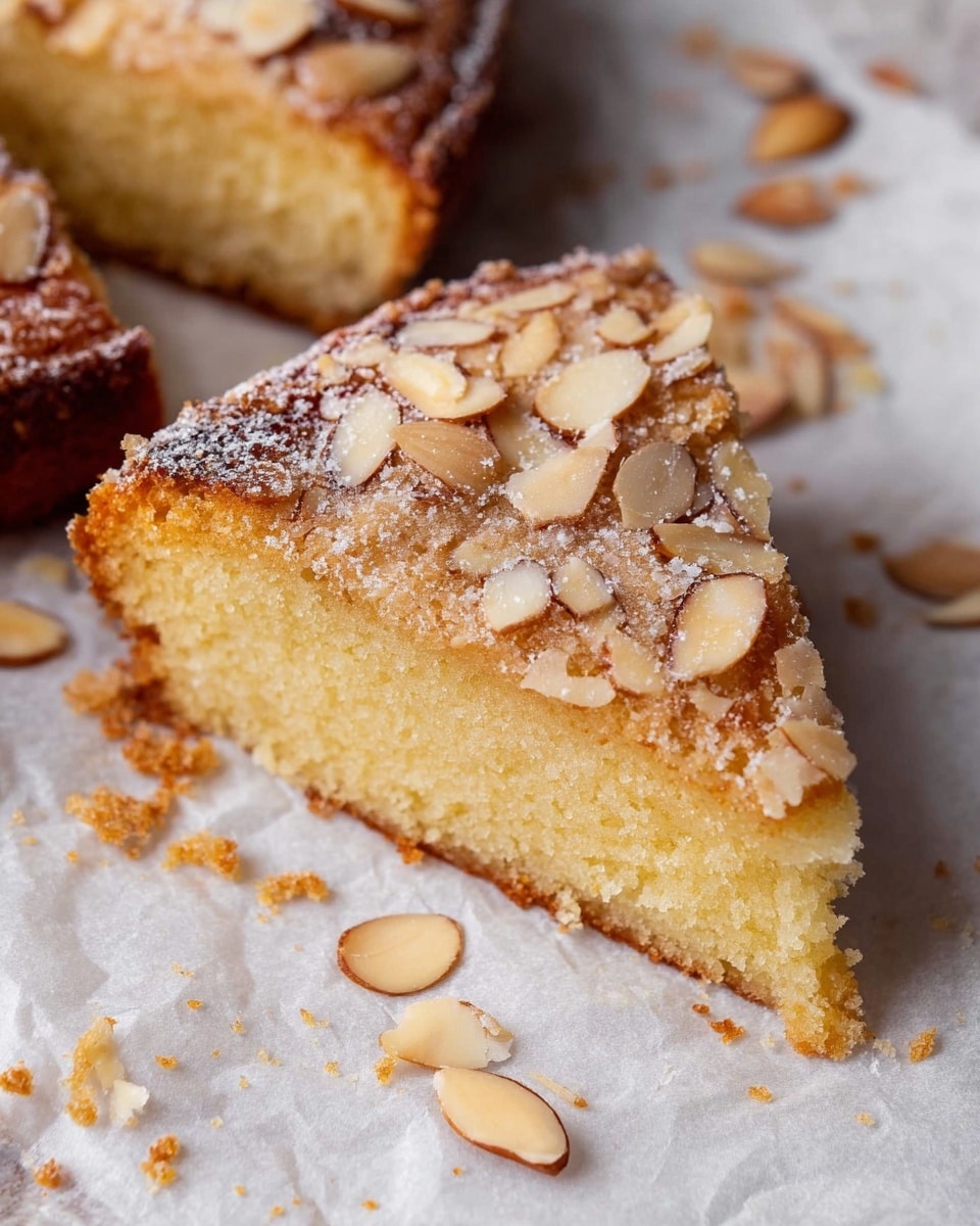 A close-up view of a slice of almond cake with one thick layer of pale yellow sponge base topped by a golden-brown crust sprinkled with coarse sugar and thinly sliced almonds. The cake slice is resting on white parchment paper on a white marbled surface with scattered almond slices around it. The texture of the cake looks soft inside with a slightly crisp top. Photo taken with an iphone --ar 4:5 --v 7
