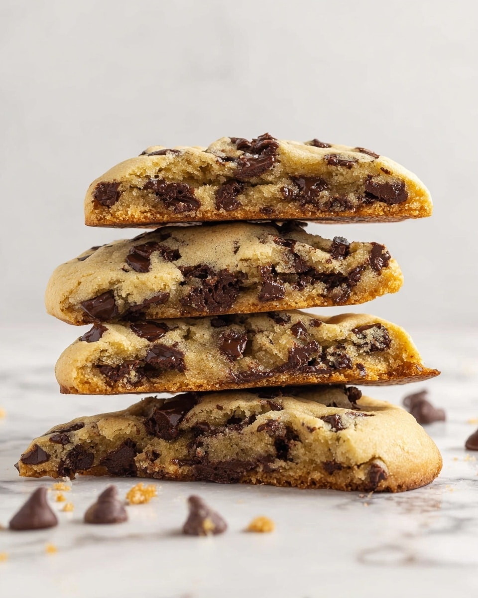 Two thick, soft chocolate chip cookie bars are stacked on top of each other on a white marbled surface. The bars are golden brown with a chewy texture, filled with many melted, dark chocolate chips that appear gooey and rich inside. Around the cookie bars, scattered chocolate chips add extra detail. The bottom layer shows a dense, moist cookie dough with chocolate chunks, and the top layer has a slightly crisp, golden crust with some chips melting out at the edges. photo taken with an iphone --ar 4:5 --v 7