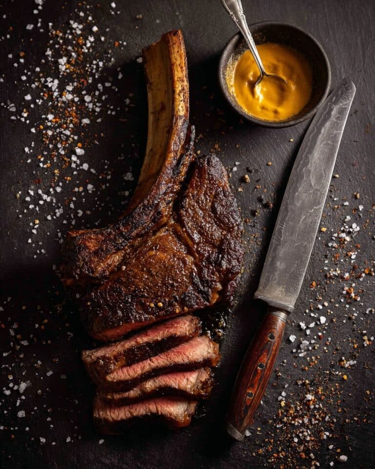Perfectly Seared Tomahawk Steak with Cowboy Butter and Savory Sauces Recipe