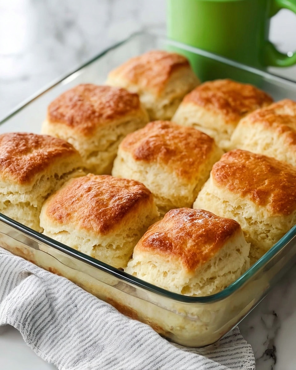 Nine golden-brown biscuits with a light, fluffy texture are placed closely together in a clear glass baking dish. The biscuits have a slightly crispy top layer and soft, airy insides visible from the sides. The dish rests on a white and gray striped cloth, all set on a white marbled surface. In the background, a green cup is partly visible, adding a touch of color to the scene. photo taken with an iphone --ar 4:5 --v 7
