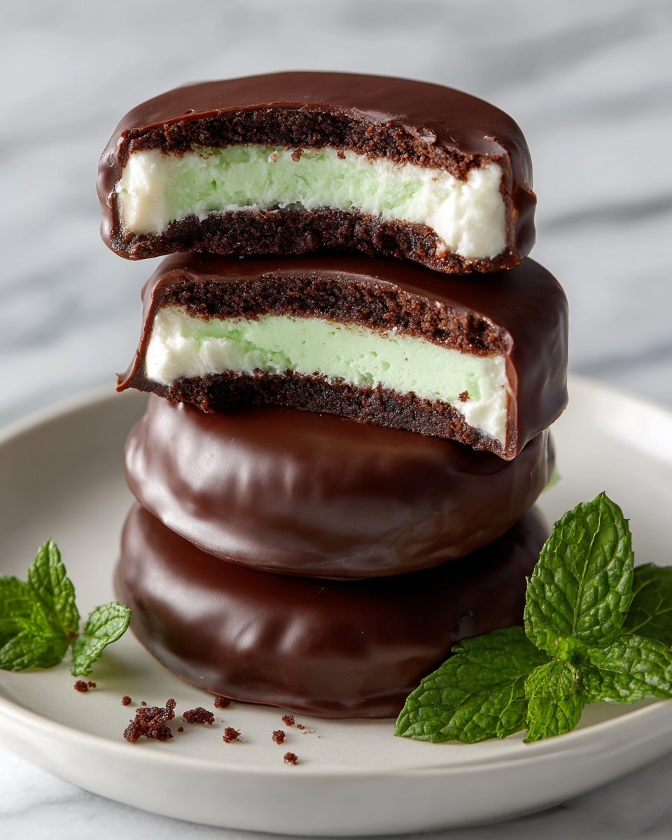 A stack of three round chocolate-covered treats sits on a white plate with a sprig of fresh green mint on the side. The top treat is cut in half and balanced on another, showing three distinct layers: a bottom dark brown chocolate cookie layer, a thick middle pale green creamy mint filling, and a thin top white cream layer, all coated evenly in a glossy dark chocolate shell. The chocolate coating is smooth but slightly uneven around the edges, with small bits of chocolate crumbling near the cut. The background features a white marbled texture. Photo taken with an iphone --ar 4:5 --v 7