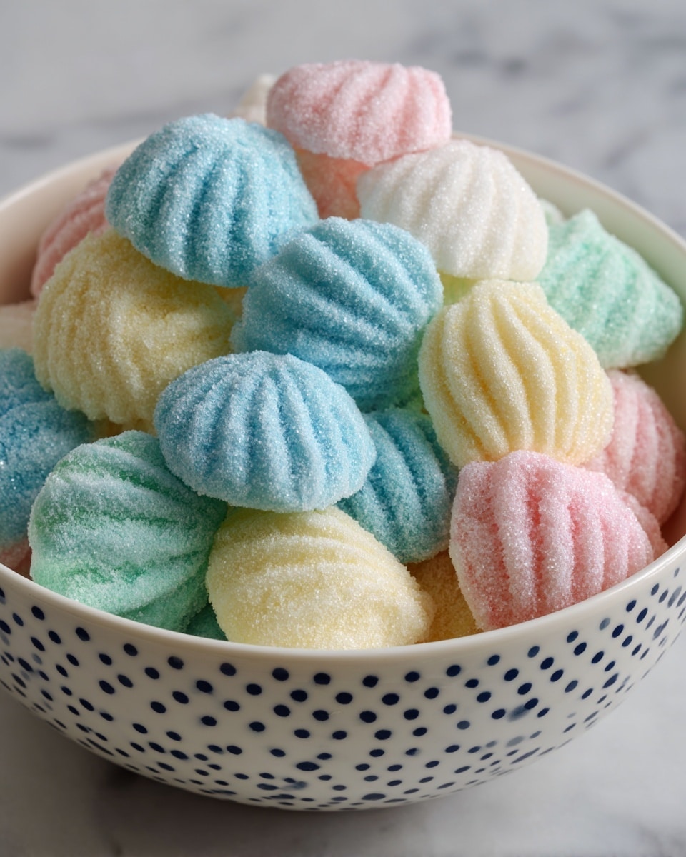 A close-up view of colorful soft sweets piled in a white bowl with a polka dot pattern. The sweets have a shell-like shape with ridges running vertically, and their colors include light blue, pale pink, soft yellow, mint green, and white. The texture looks sugar-coated and fluffy, giving a light and airy feel. The bowl sits on a white marbled surface. photo taken with an iphone --ar 4:5 --v 7