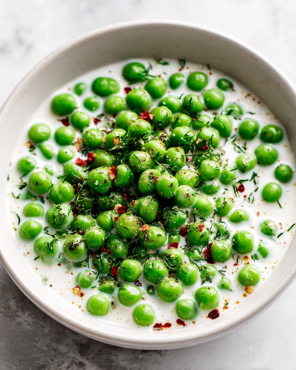 The image shows a close-up of bright green peas covered in a smooth, creamy white sauce. The peas are fresh and plump, and the sauce looks rich and slightly glossy, spreading evenly around them. Small chopped green herbs are sprinkled on top, adding texture and contrast, along with tiny bits of black pepper and red spices that give a speckled look. The food is served in a white bowl that stands out against a white marbled surface. Photo taken with an iphone --ar 4:5 --v 7