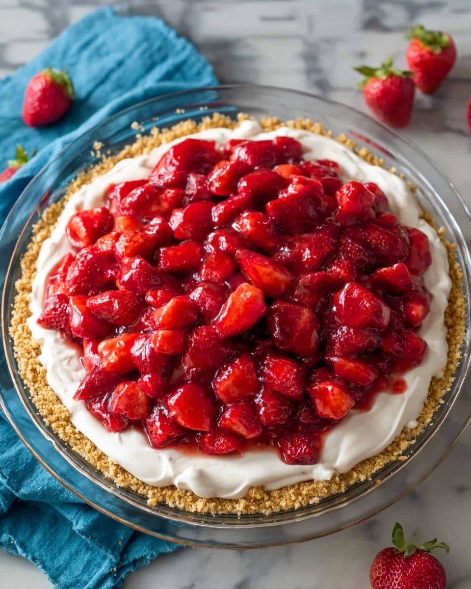 The image shows a three-layered strawberry cream pie in a clear glass pie dish. The bottom layer is a crumbly golden-brown crust lining the entire dish. The second layer is a smooth, thick white cream spread evenly over the crust. The top layer is made up of glossy, vibrant red halved strawberries piled high in the center, covering almost all the cream underneath. The pie dish is placed on a white marbled surface with a blue cloth and a few loose strawberries around it. photo taken with an iphone --ar 4:5 --v 7
