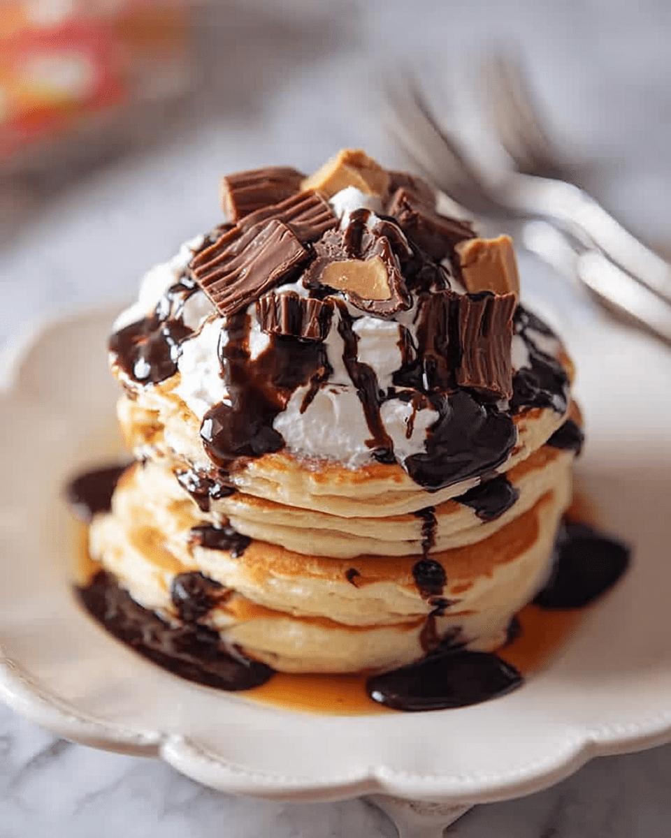 A stack of five golden brown pancakes sits on a white scalloped-edged plate placed on a white marbled surface. Each pancake is fluffy with slightly crisp edges, layered neatly one on top of the other. On top of the stack is a generous dollop of white whipped cream, which is partly melted and soft. Rich dark chocolate syrup is drizzled thickly over the whipped cream and pancakes, running down the sides and pooling slightly on the plate. Small chunks of chocolate and peanut butter cups are scattered over the whipped cream and syrup. In the background, slightly blurred silver forks rest beside the plate. Photo taken with an iphone --ar 4:5 --v 7
