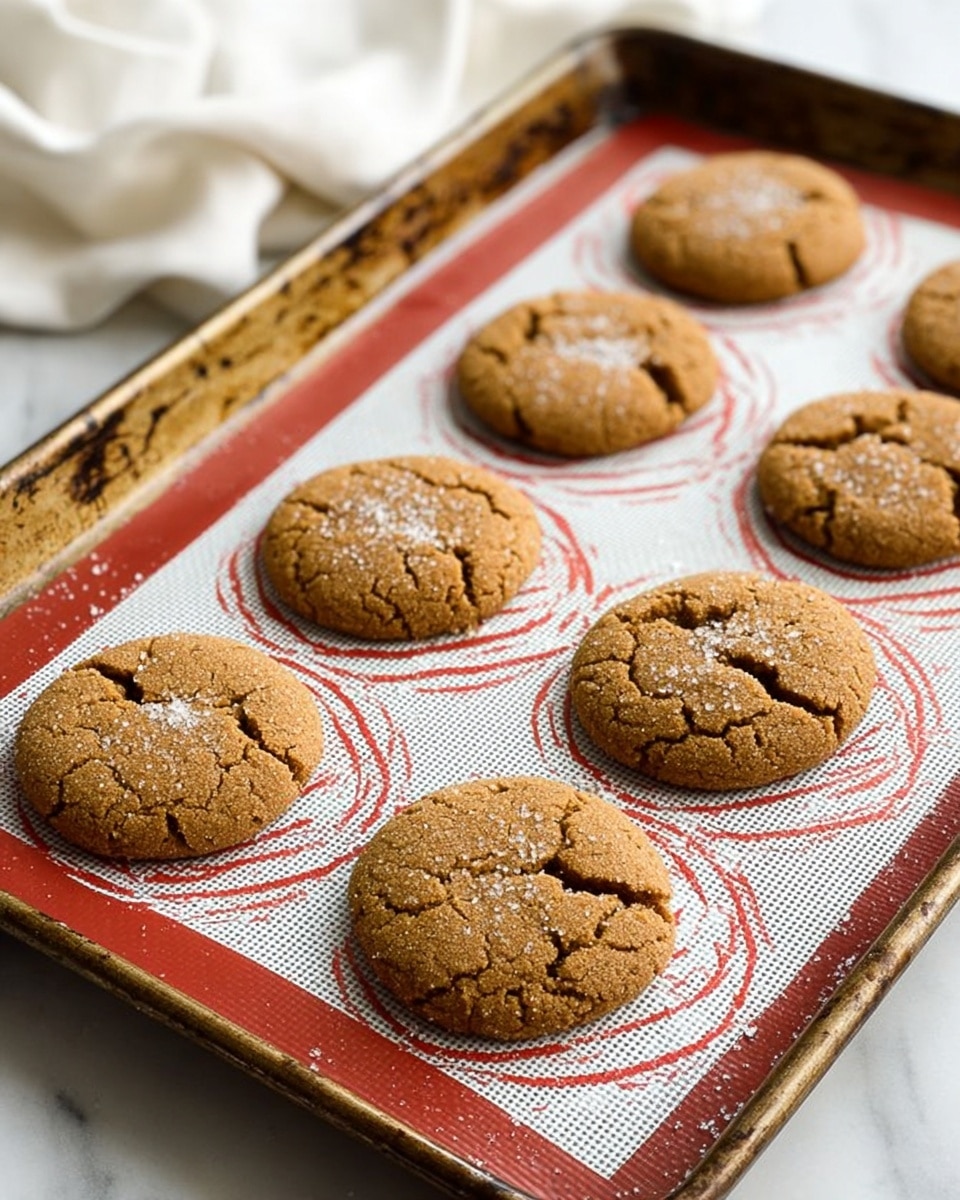 A metal baking tray holds nine round, light brown cookies with cracked surfaces sprinkled lightly with white sugar. Each cookie rests on a white silicone baking mat with red circular patterns under them, giving a soft contrast to the cookies’ rough texture. The tray shows slight wear with dark marks on the edges. In the background, a white cloth is softly folded, all set on a white marbled surface that adds brightness to the scene. photo taken with an iphone --ar 4:5 --v 7